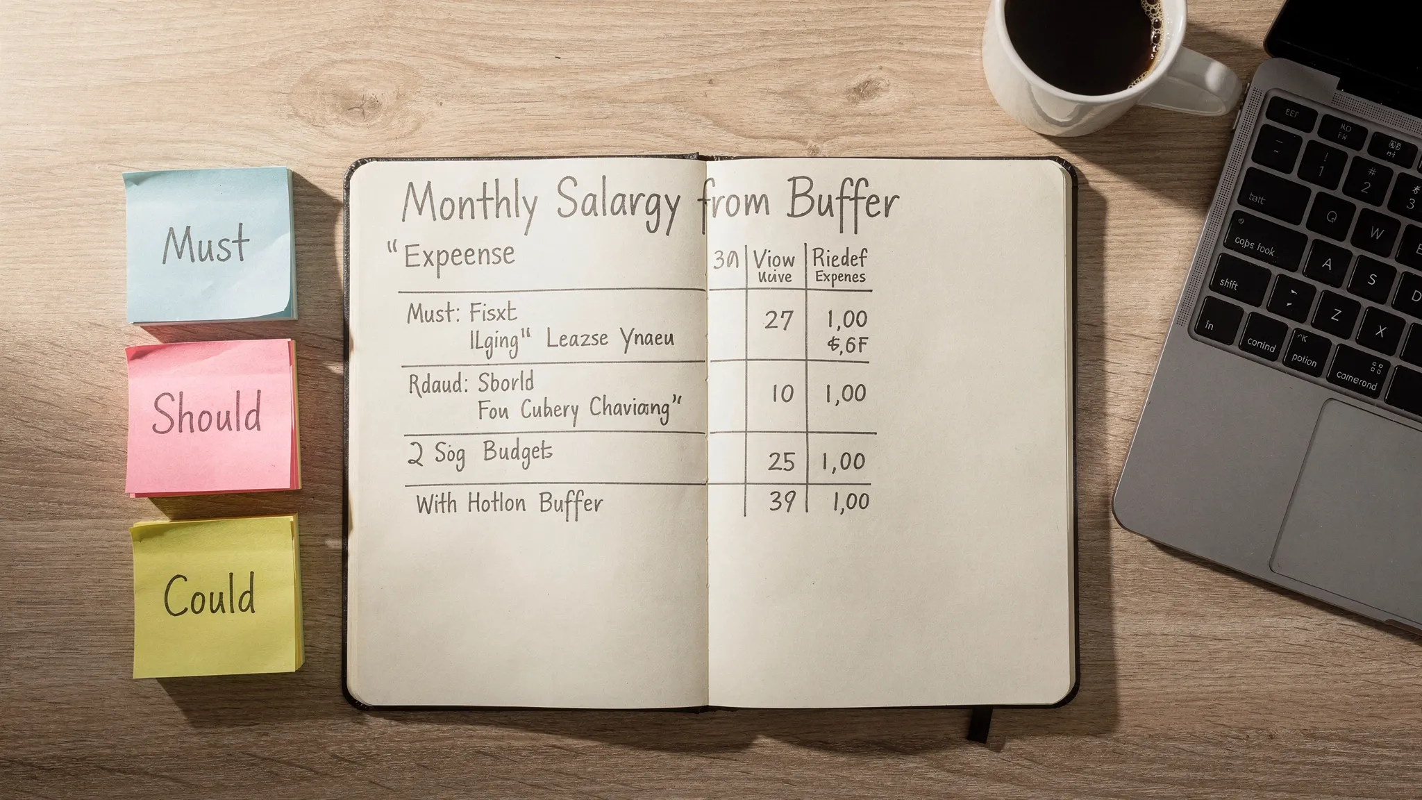 An overhead workspace with a notebook showing a “Monthly Salary from Buffer” plan, a simple three-line budget, and sticky notes labeled Must, Should, Could, alongside a laptop and a coffee cup.