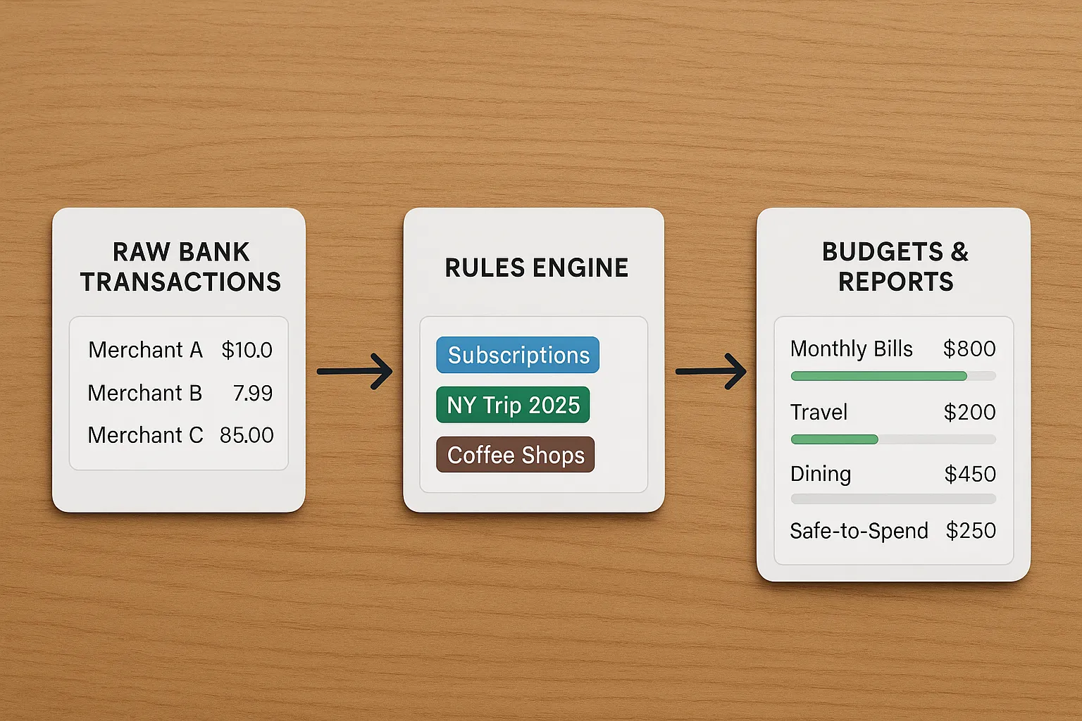Simple flow diagram showing raw bank transactions entering a rules engine, then being categorized into clean categories, labeled with tags like âSubscriptionsâ or âNY Trip 2025,â rolled up into category groups, and finally displayed in clear budgets and reports with a safe-to-spend balance.