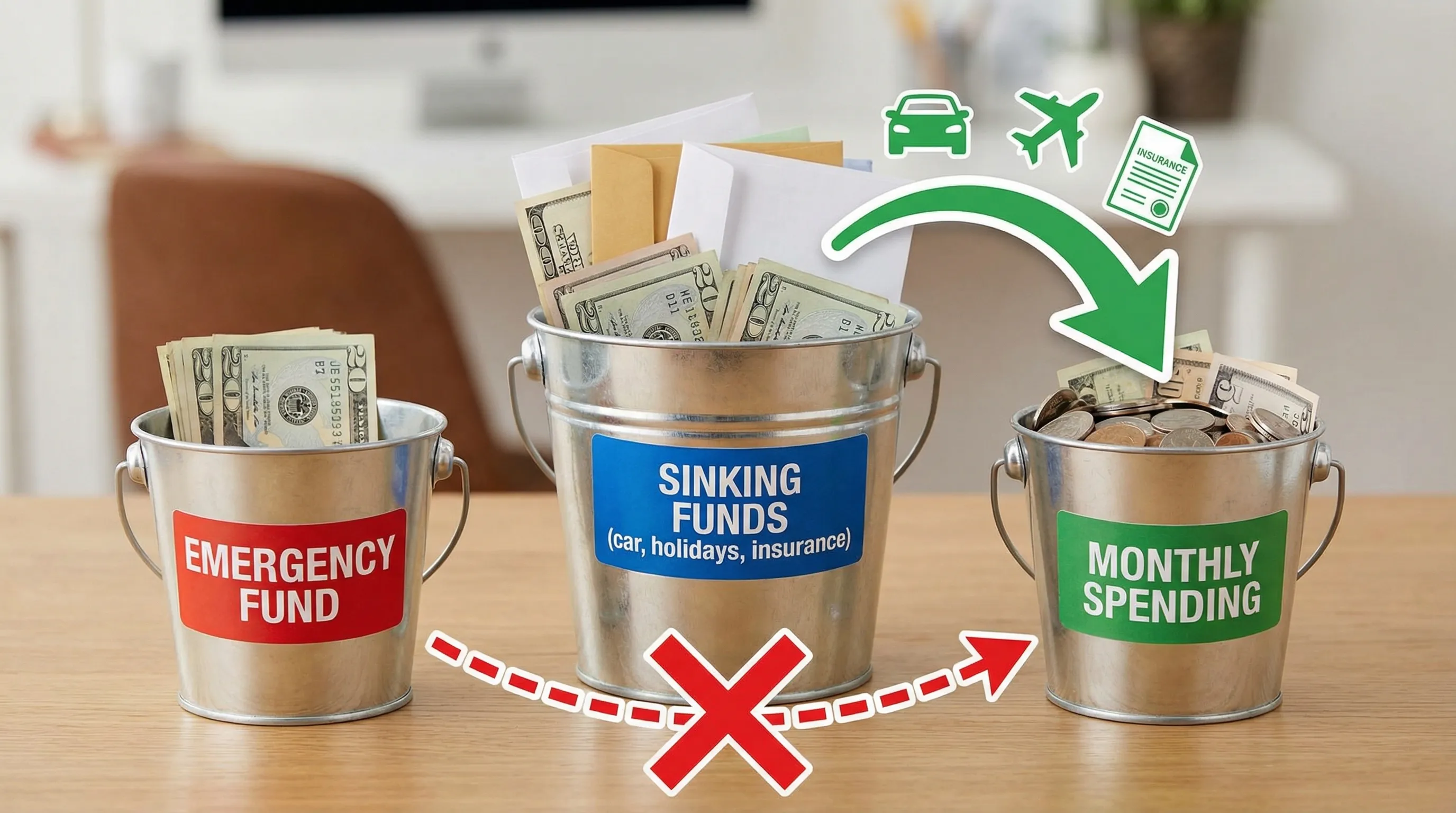A simple visual showing three buckets labeled Emergency Fund, Sinking Funds (car, holidays, insurance), and Monthly Spending, with arrows showing predictable bills paid from sinking funds instead of emergency.