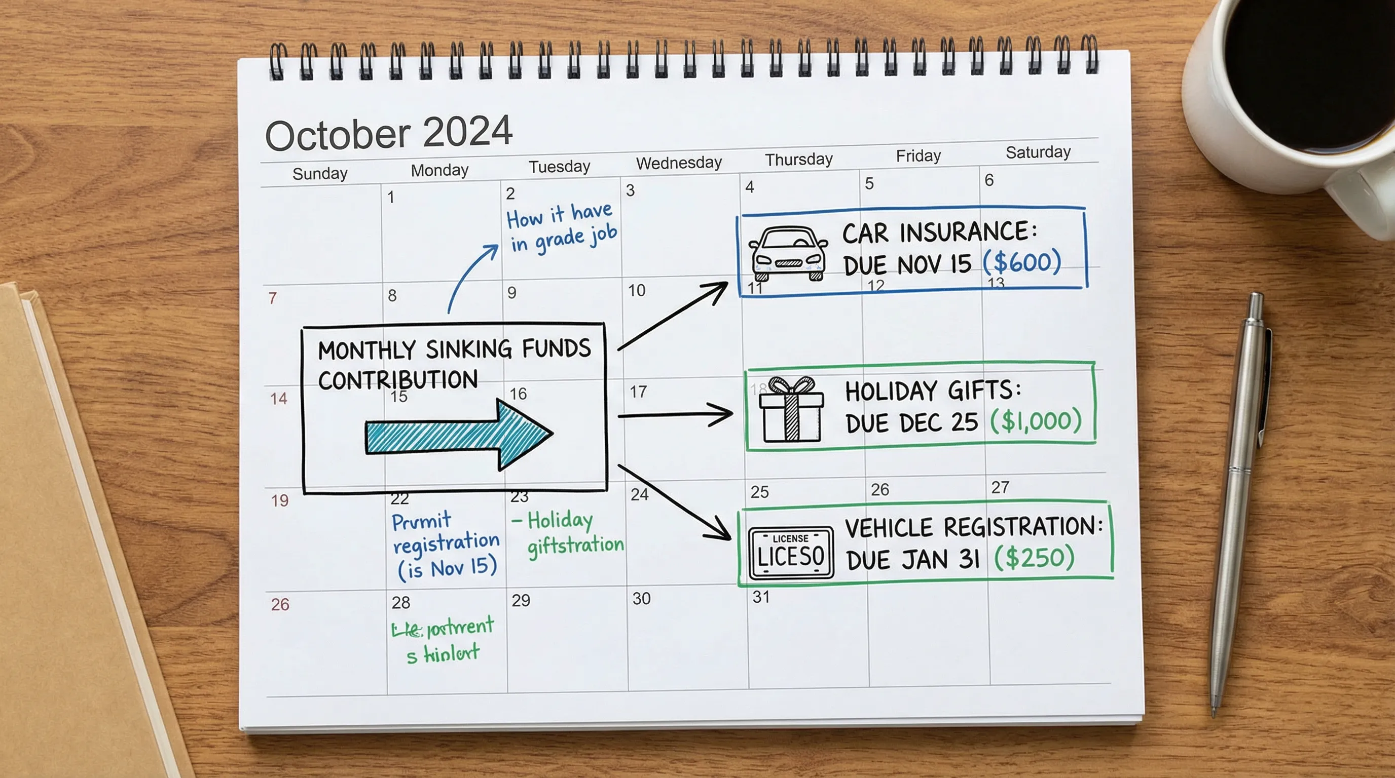 A calendar-style illustration with labeled upcoming bills (insurance, holidays, registration) and a monthly “sinking funds” contribution box feeding each bill.