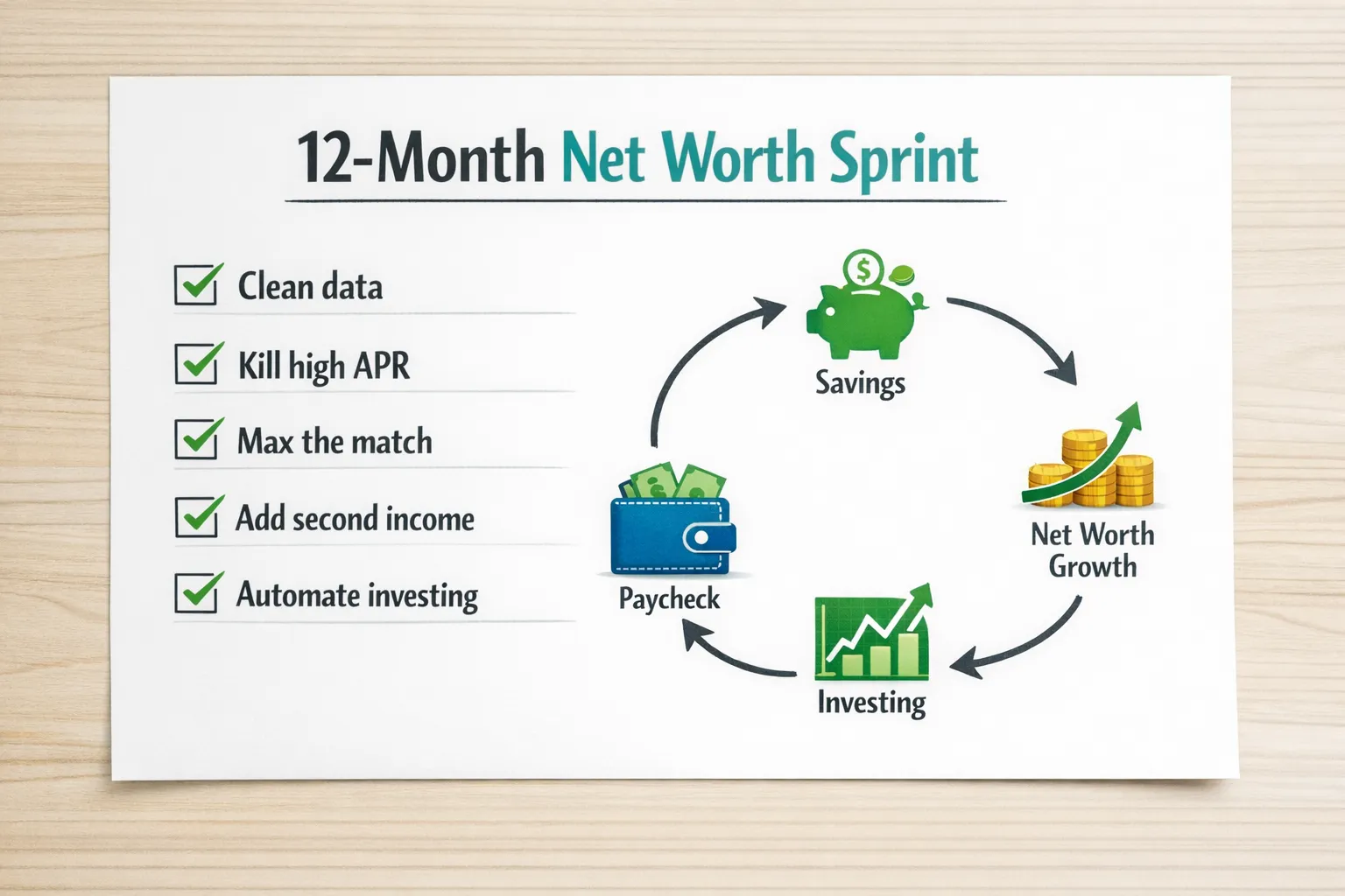 A minimalist checklist graphic titled “12‑Month Net Worth Sprint” with five boxes labeled: Clean data, Kill high APR, Max the match, Add second income, Automate investing. Arrows show a loop from paycheck to savings to investing to net worth growth.