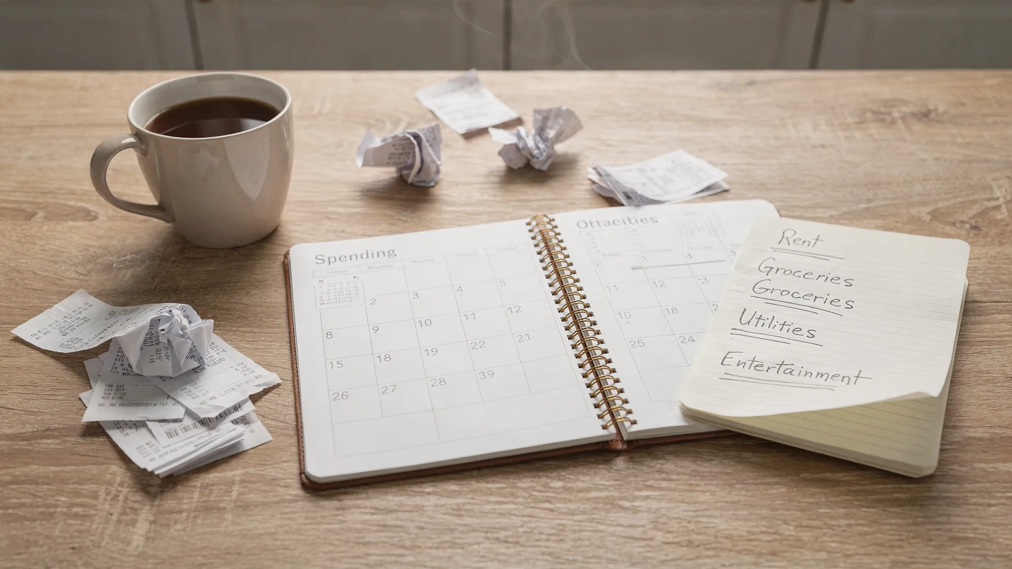 A monthly calendar, a few receipts, and a coffee mug on a kitchen table, with simple spending categories written on a notebook and no screens visible.