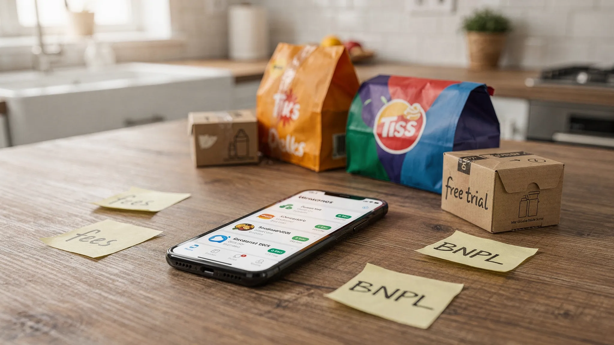 A modern “money leaks” scene: a kitchen table with a phone showing multiple small subscription charges, a few delivery bags, and sticky notes labeled “fees,” “BNPL,” and “free trial,” conveying how small expenses add up.