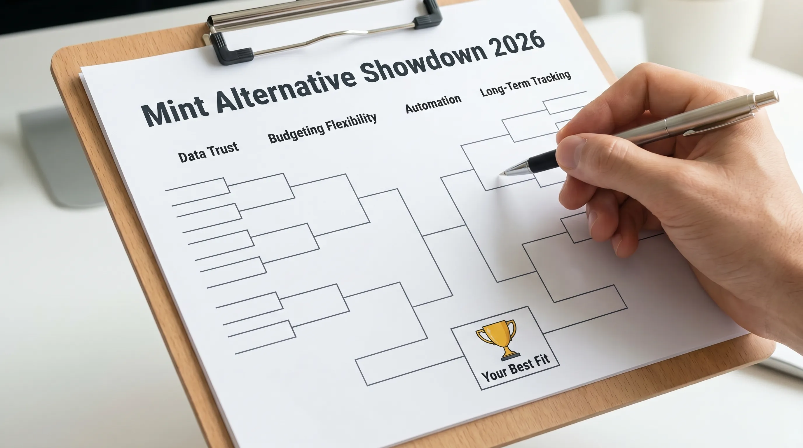 A simple tournament bracket diagram titled “Mint Alternative Showdown 2026” with four rounds: Data Trust, Budgeting Flexibility, Automation, and Long-Term Tracking. The bracket ends with a trophy labeled “Your Best Fit.”