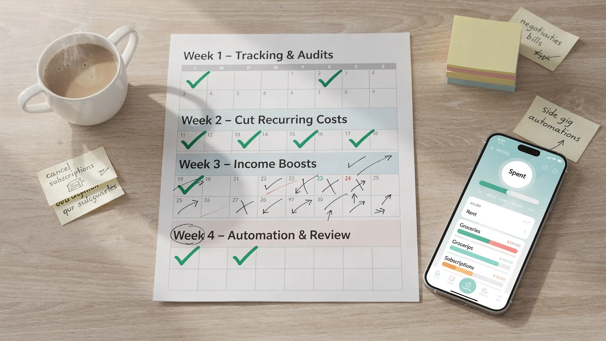 A simple 30-day calendar-style plan on a desk with checkmarks, showing Week 1 tracking and audits, Week 2 cutting recurring costs, Week 3 income boosts, Week 4 automation and review, alongside a coffee mug, sticky notes, and a phone with a budgeting app screen angled correctly.
