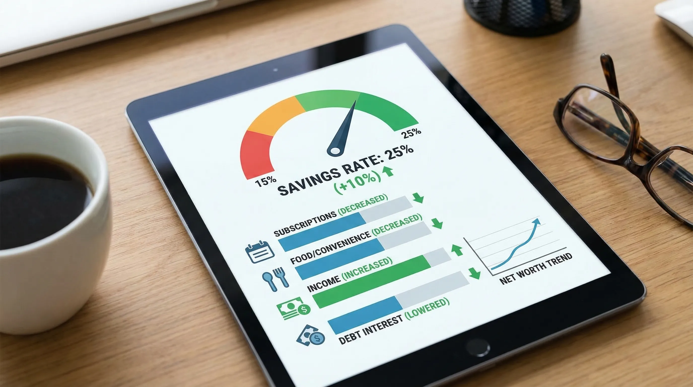 A clean dashboard-style illustration showing a savings rate gauge moving up by 10 percentage points, with four labeled drivers: subscriptions, food/convenience, income, and debt interest, plus a small net worth trend line.