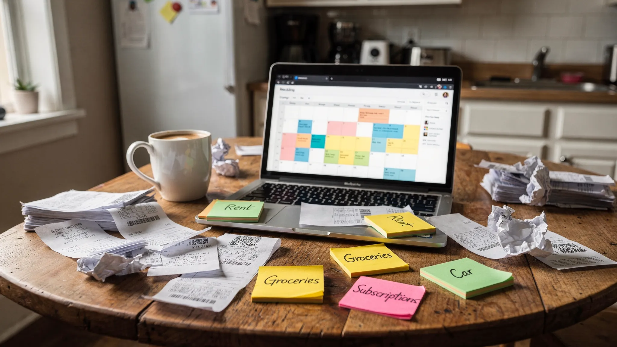 A cluttered kitchen table covered with receipts, a half‑drunk coffee, a laptop showing a calendar view, and brightly colored sticky notes labeled “Rent,” “Groceries,” “Subscriptions,” and “Car” to convey the chaos of a failing household budget.