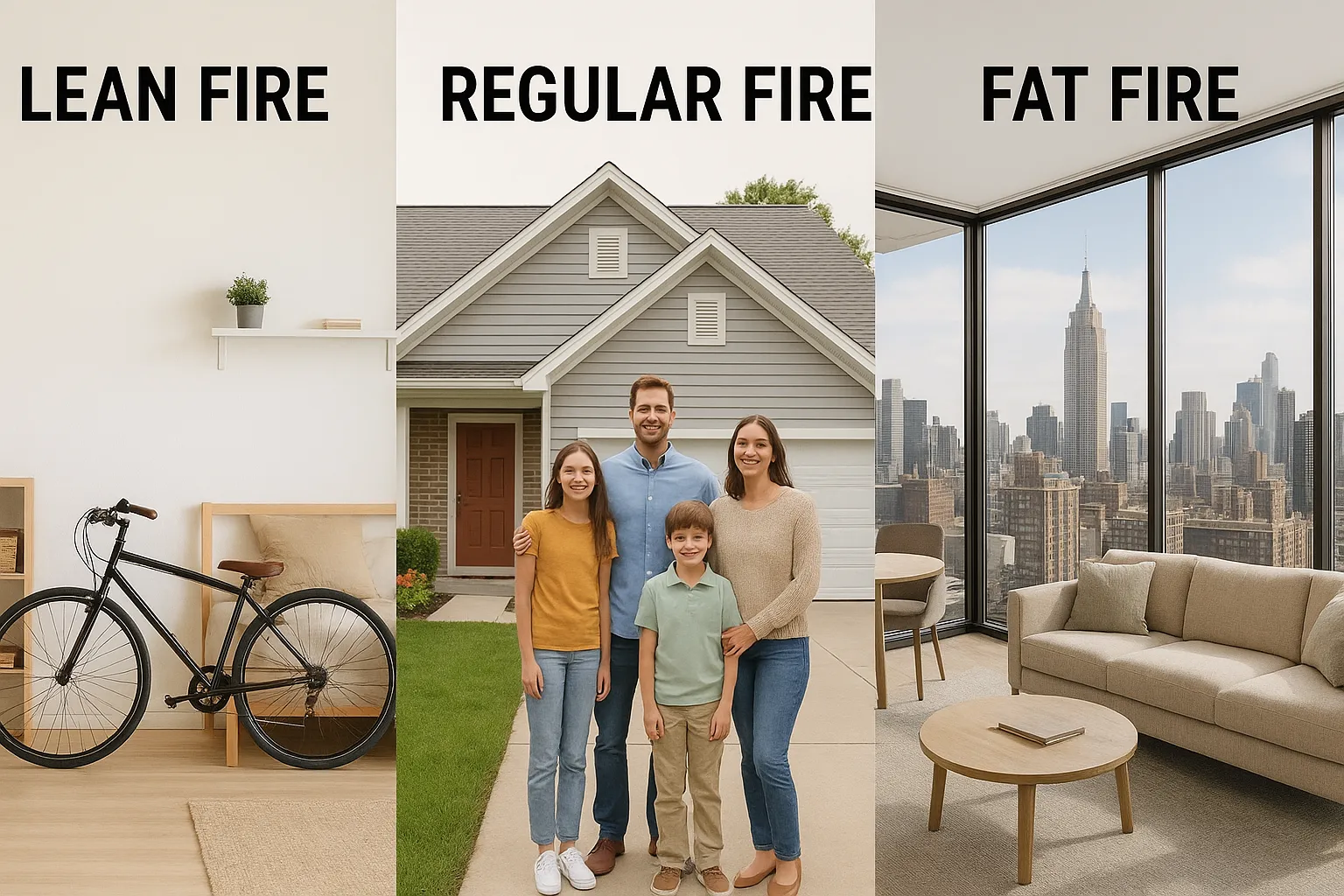 A side-by-side infographic illustrating Lean FIRE, Regular FIRE, and Fat FIRE lifestyles: small city studio with bike, suburban home with two kids, urban penthouse with skyline view