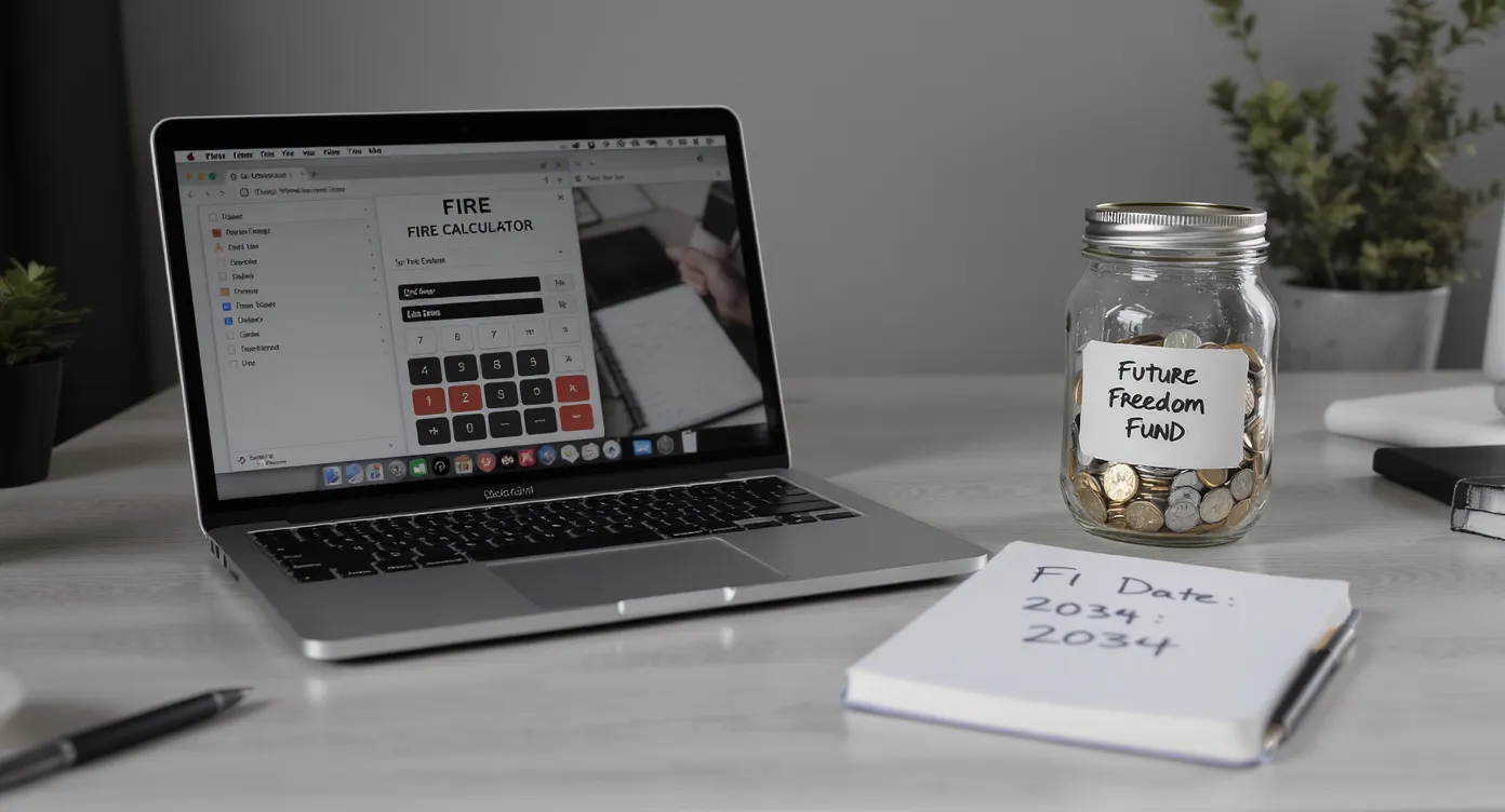 A minimalist desk scene: open laptop displaying a FIRE calculator, a notebook with “FI Date: 2034” scribbled, and a glass jar labeled “Future Freedom Fund” half filled with coins