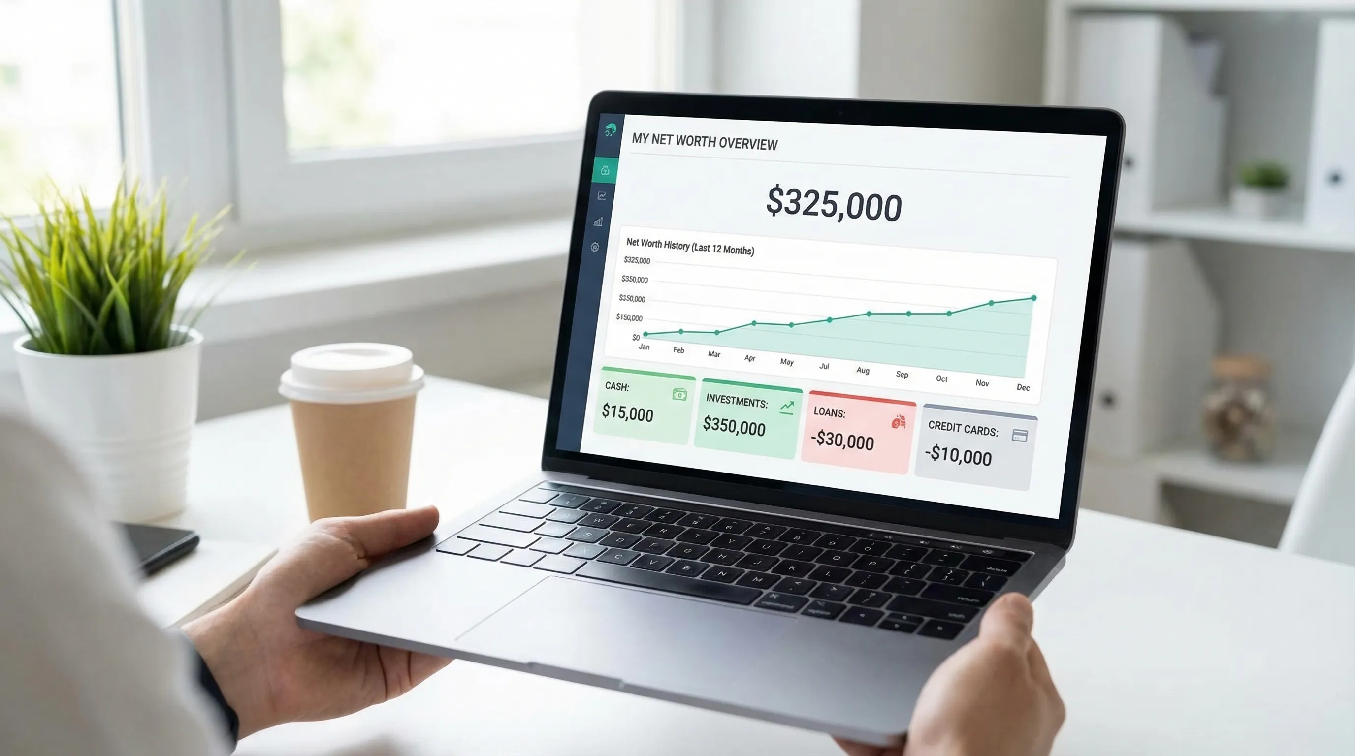 A clean, modern net worth dashboard view showing assets, liabilities, and net worth trend over time, with simple labeled sections for cash, investments, loans, and credit cards.