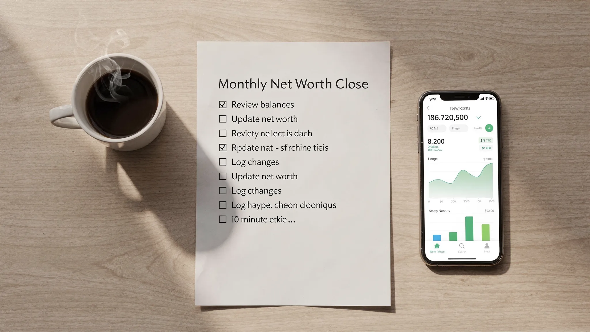 A simple monthly net worth close checklist on a desk next to a coffee cup and a phone showing a finance app, emphasizing a calm 10-minute routine.