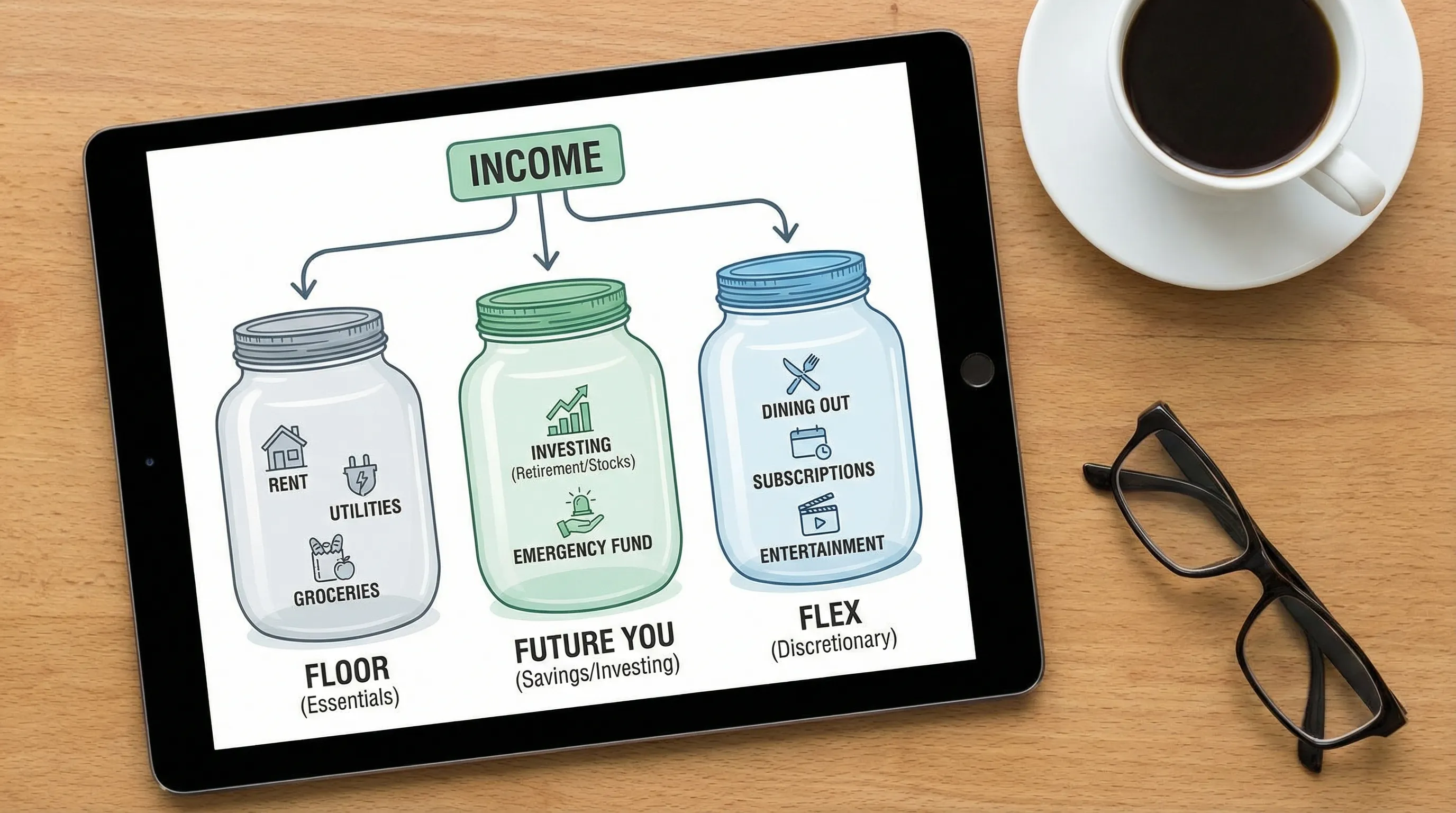 A clean, modern illustration of a “Bills-First” budget system with three labeled buckets (Floor, Future You, Flex) and example expenses like rent, investing, groceries, subscriptions, and dining out.