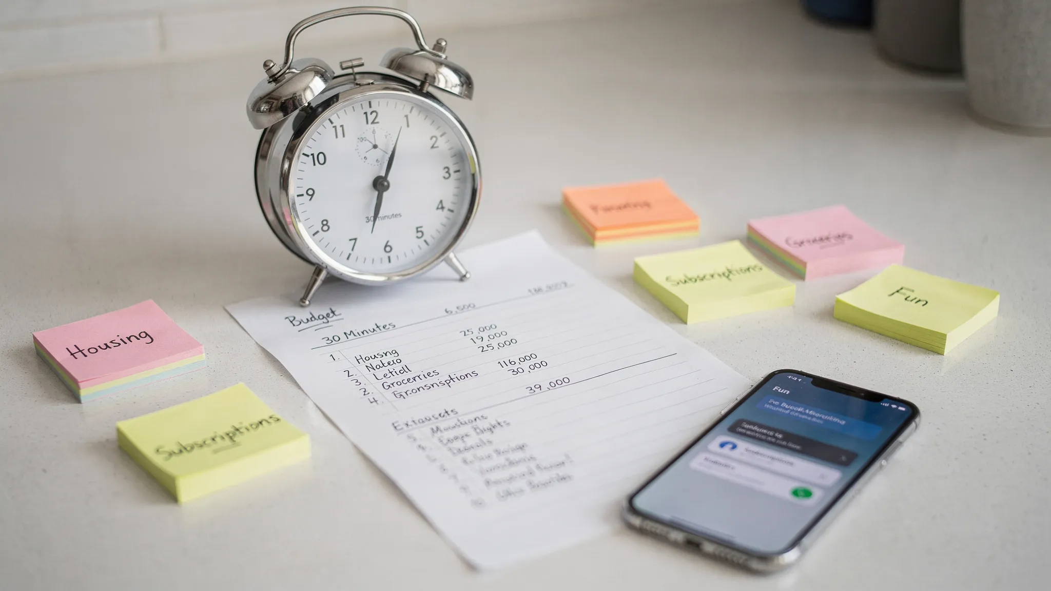 A 30-minute budgeting sprint scene with a kitchen timer next to a simple handwritten budget plan, a few sticky notes labeled Housing, Groceries, Subscriptions, Fun, and a smartphone showing transaction notifications face down. The vibe is clean, focused, and modern, emphasizing speed and simplicity.