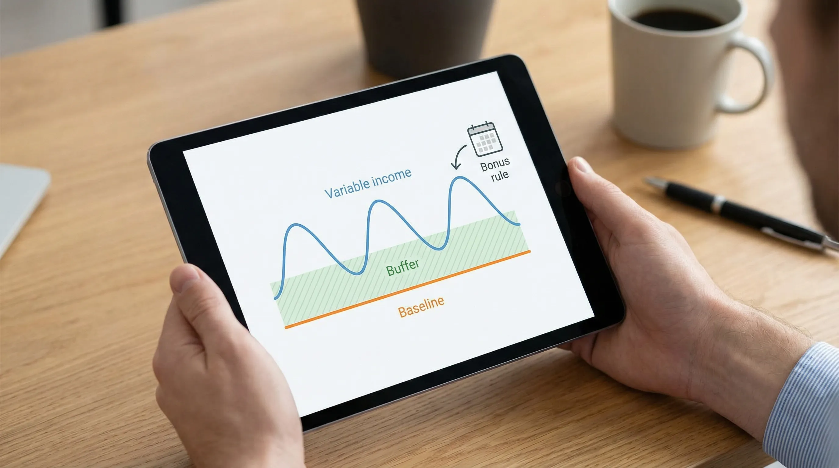 A simple infographic showing variable income as a wavy line, a steady baseline line below it, and a buffer area that fills in the dips. Labels read “Baseline,” “Buffer,” and “Bonus rule” with a small calendar icon for monthly planning.