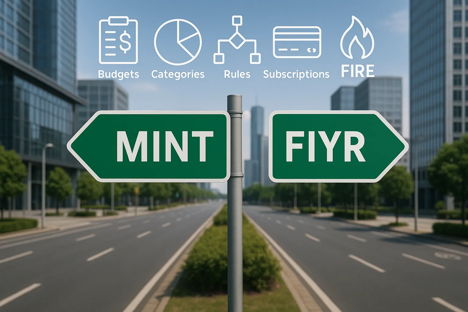 A forked road sign labeled Mint on one path and FIYR on the other, set in a modern cityscape with icons for budgets, categories, rules, subscriptions, and FIRE in the sky, representing a choice between old and new budgeting approaches.