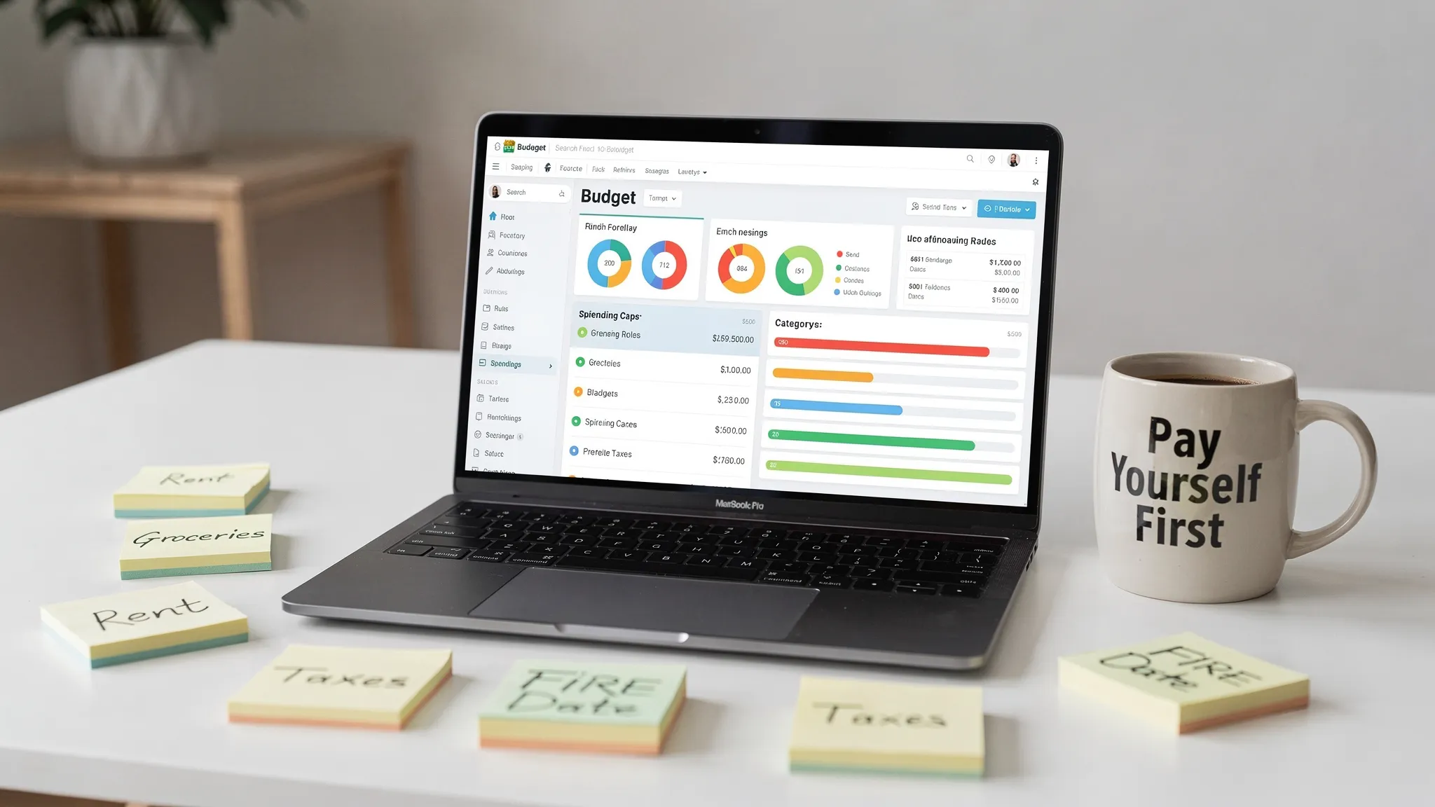 A desk scene with a laptop showing a clean budgeting dashboard, sticky notes labeled Groceries, Rent, Taxes, and FIRE Date, and a coffee mug that says Pay Yourself First, capturing a practical workflow for setting up rules and caps.