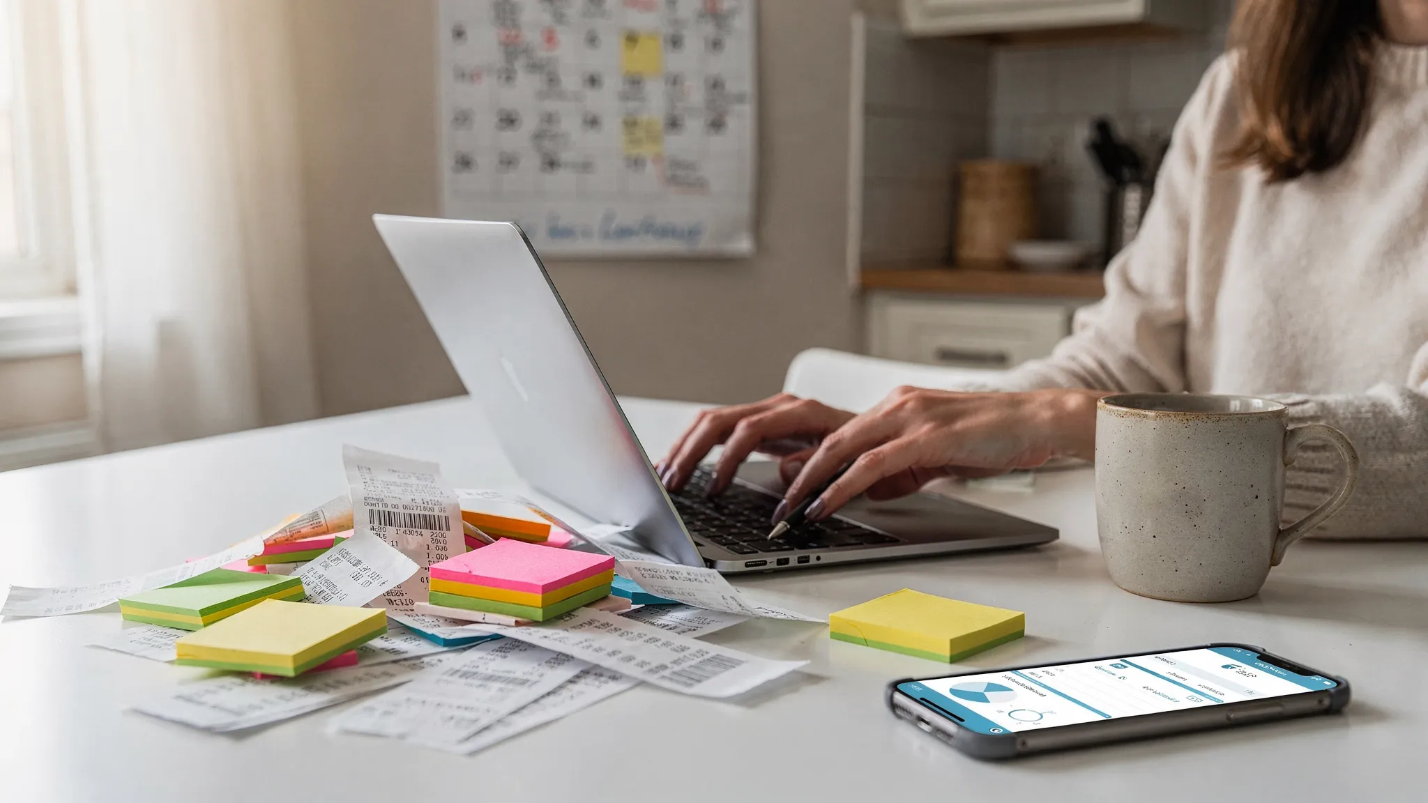 A person at a kitchen table sorting receipts and sticky notes beside an open laptop and a phone showing a generic budgeting app screen, with a coffee mug and a calendar nearby, conveying a “money reset” session at home.