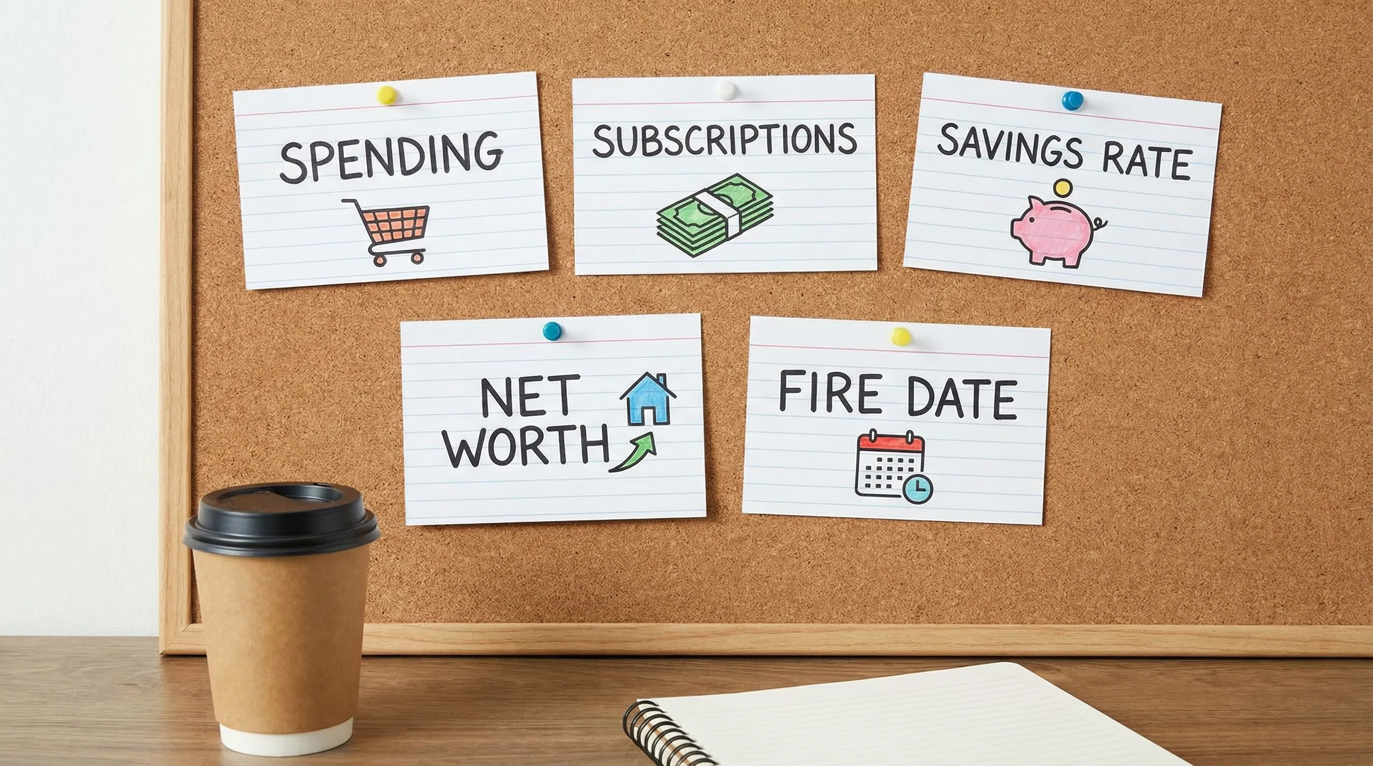 A simple illustration of a “money dashboard” concept with five labeled tiles: Spending, Subscriptions, Savings Rate, Net Worth, FIRE Date, shown as generic cards without real app UI, emphasizing clarity and priorities.
