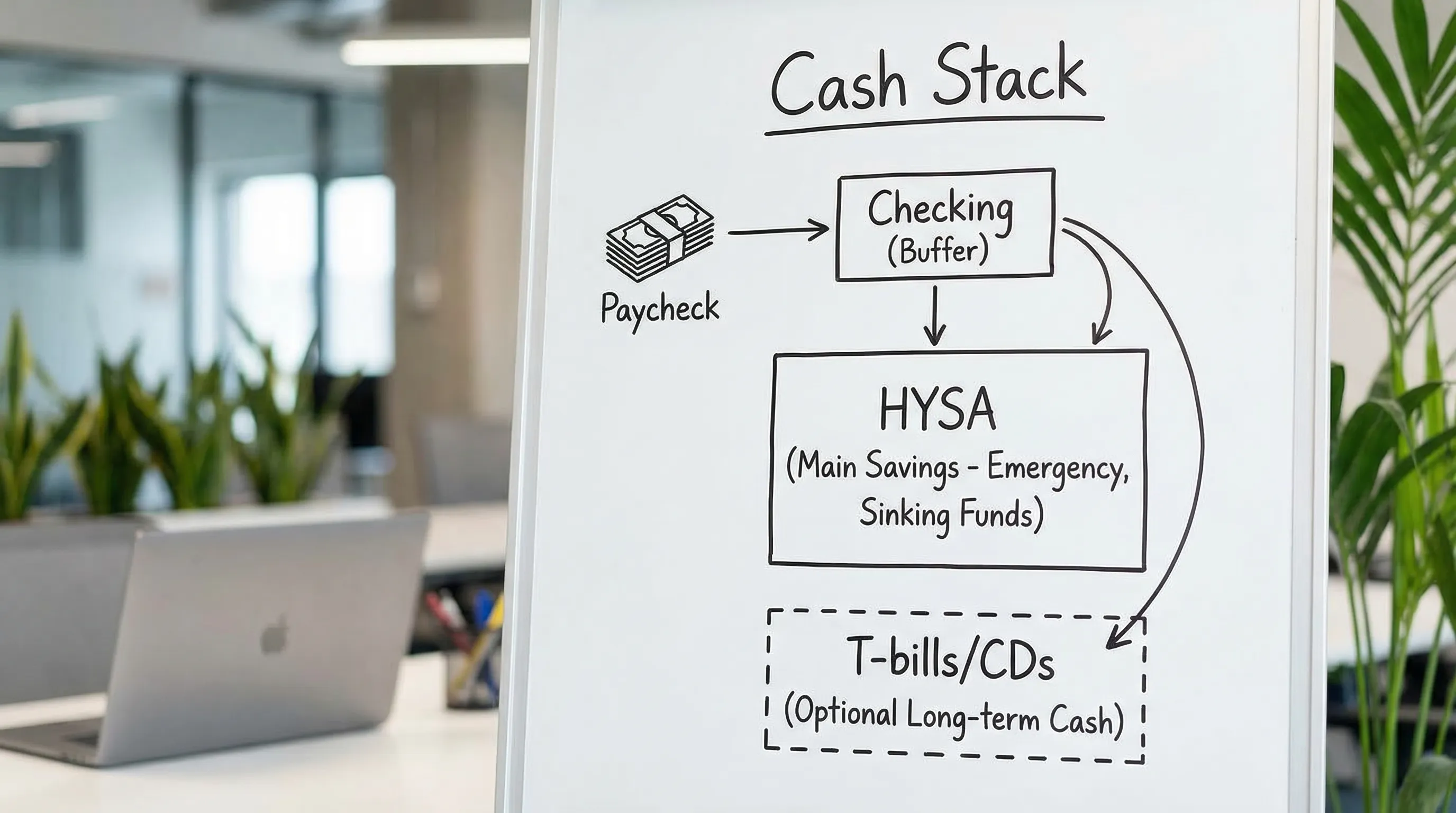 A simple three-layer “Cash Stack” diagram showing Checking as a small buffer, HYSA as the main savings layer (emergency fund and sinking funds), and an optional third layer for T-bills or CDs for longer-term cash, with arrows indicating automated transfers from paycheck to each layer.