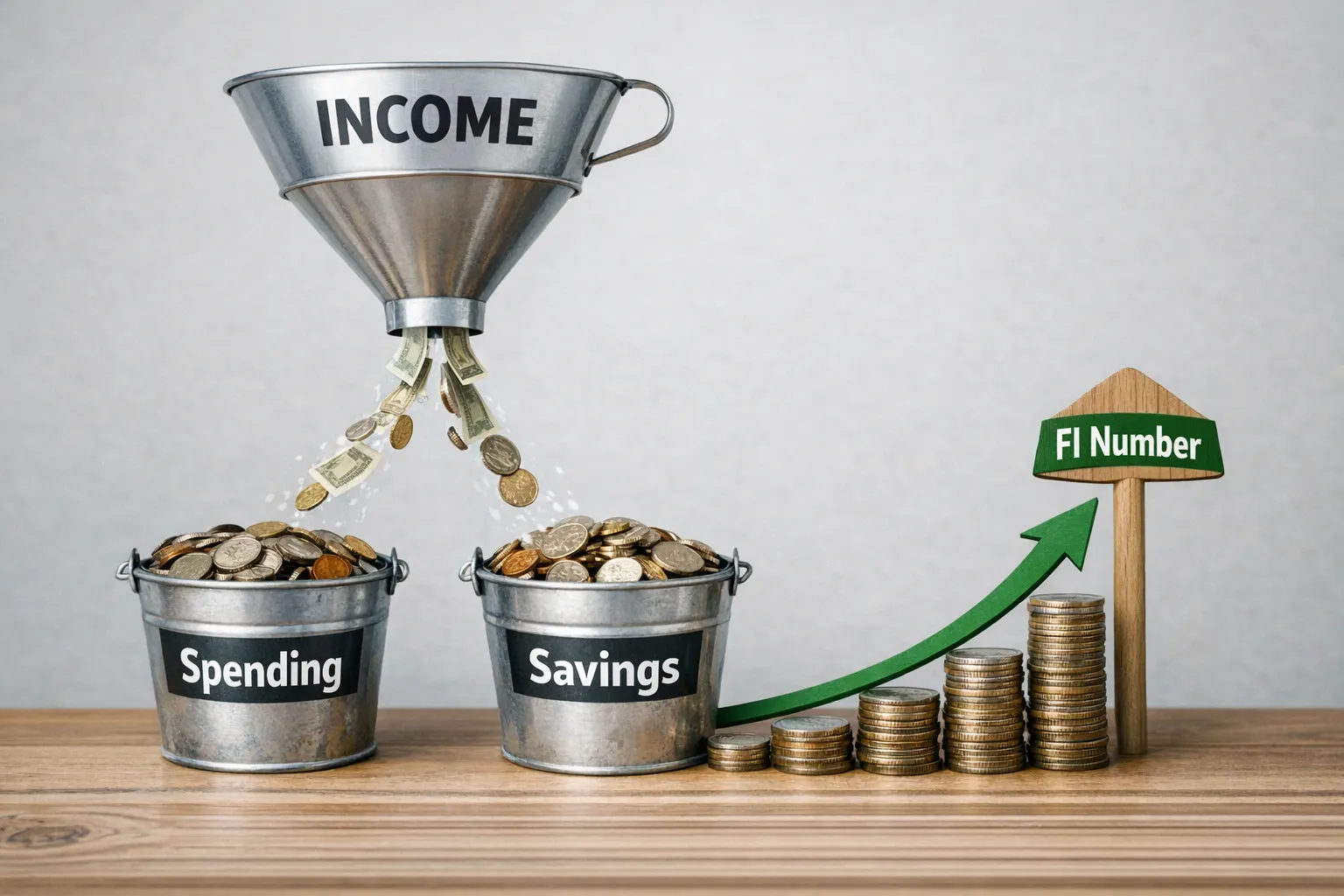 A simple visual showing a funnel labeled Income flowing into two buckets labeled Spending and Savings; the Savings bucket feeds an Investment Growth arrow that compounds over time and lands on a milestone marker labeled FI Number.