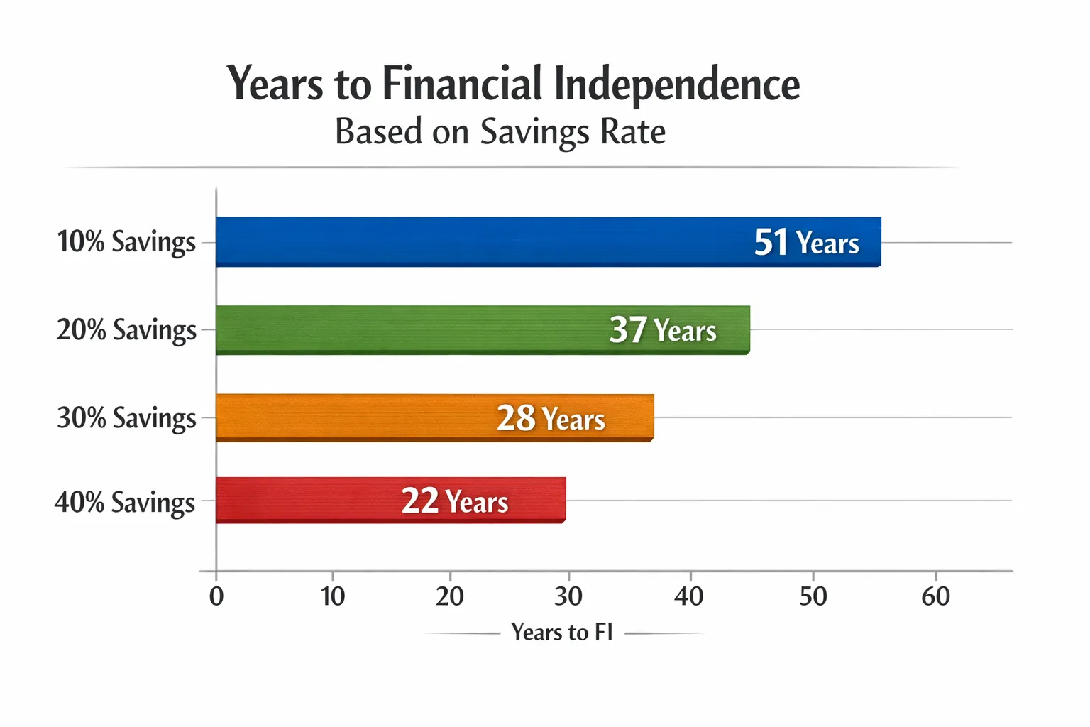 A horizontal bar chart comparing years to FI at 10%, 20%, 30%, and 40% savings rates, visually showing the drop from roughly 51 to 37 to 28 to 22 years.