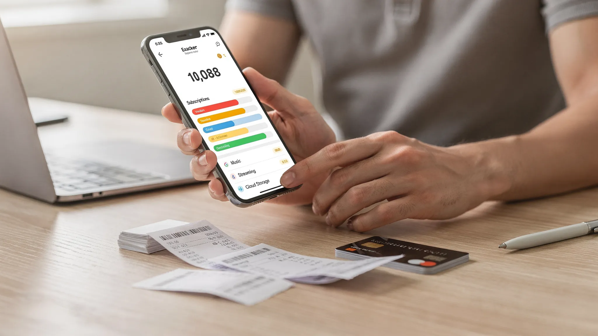 A person holding a phone showing a clean expense tracker dashboard with category spend bars, subscription list, and safe-to-spend number, with receipts and a credit card on a desk.