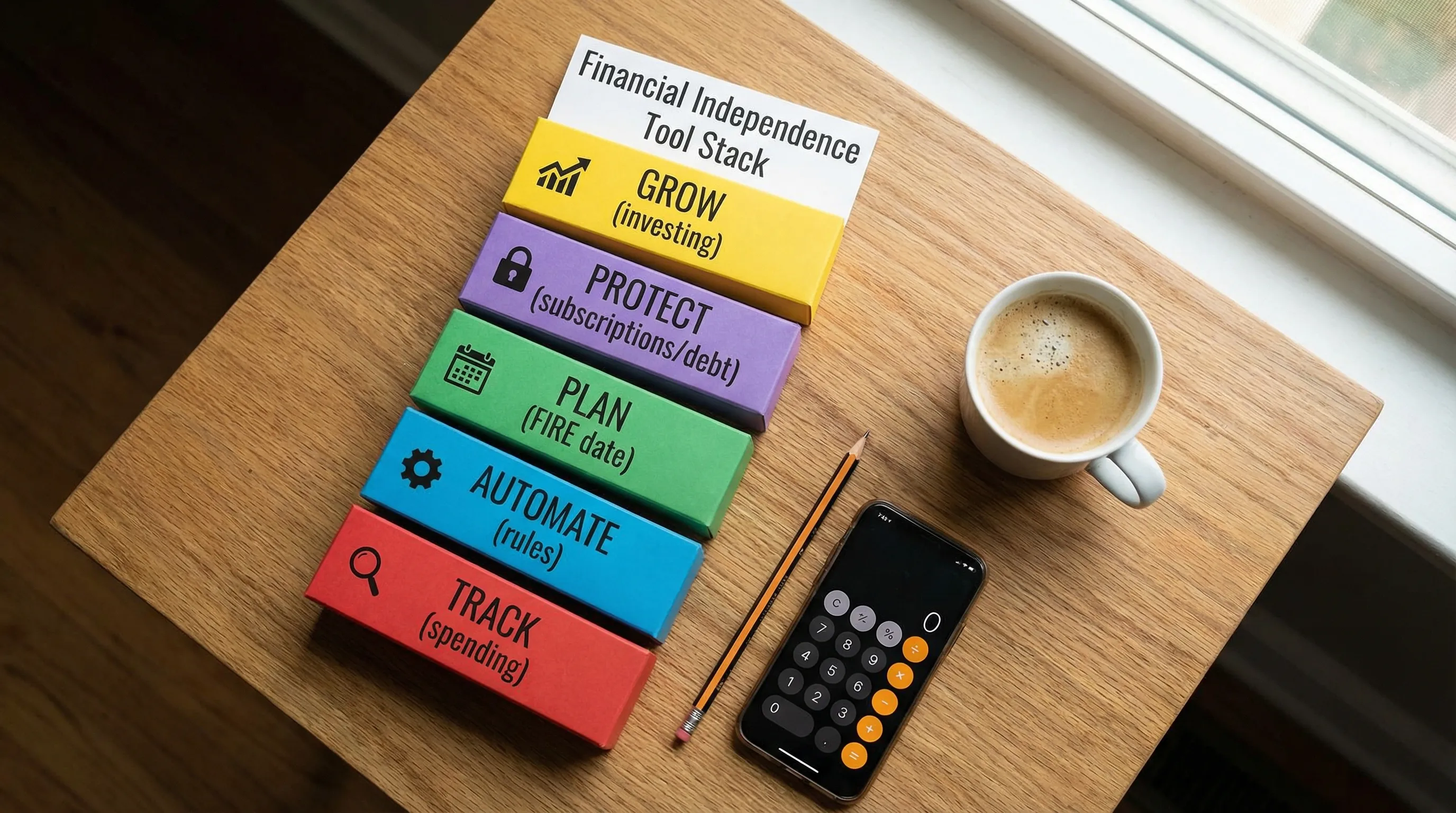 A simple “Financial Independence Tool Stack” illustration showing five labeled blocks: Track (spending), Automate (rules), Plan (FIRE date), Protect (subscriptions/debt), Grow (investing), with icons for each and a clean minimalist design.
