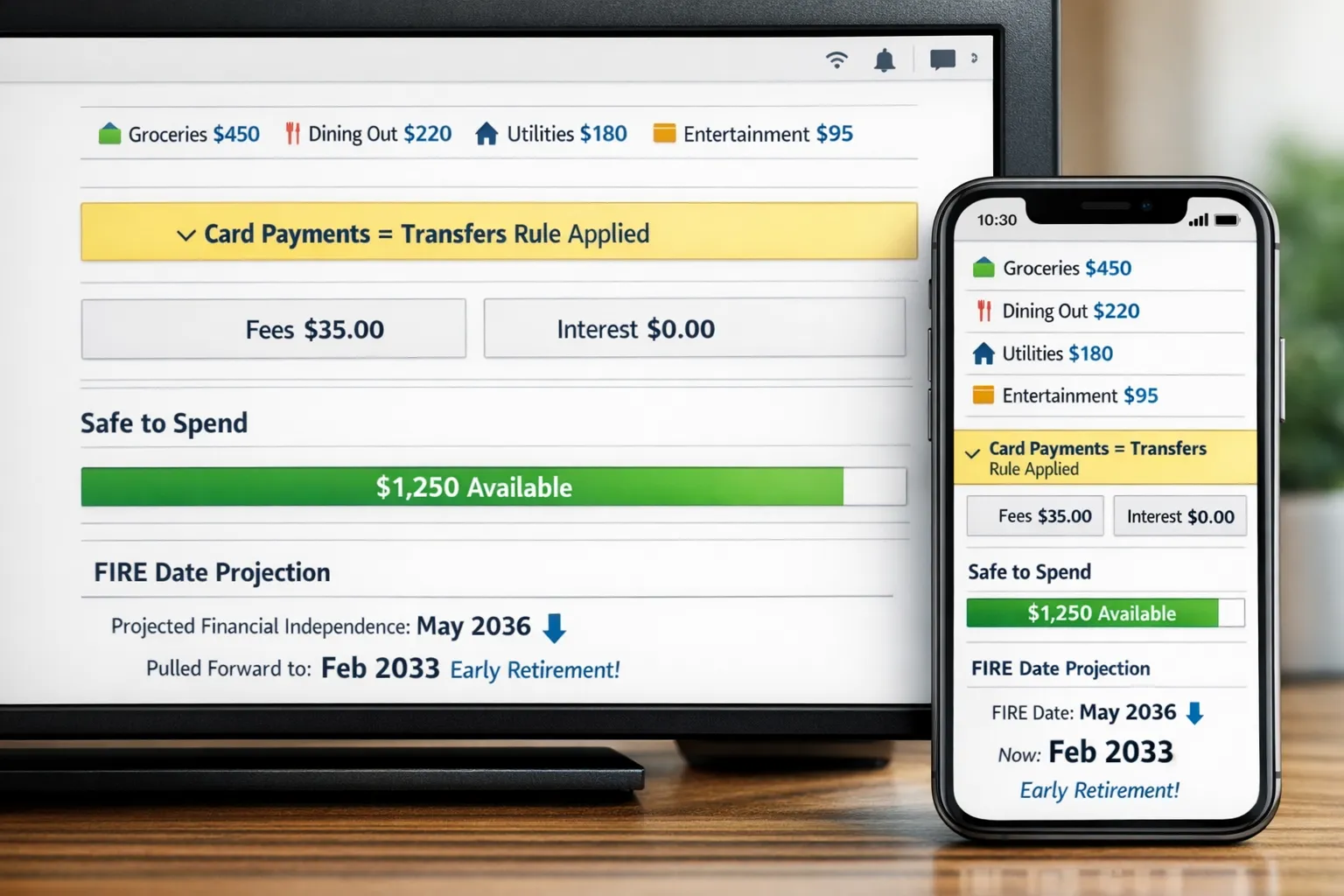 A zoomed-in desktop and mobile view of a personal finance app dashboard showing clean spending categories, a highlighted “Card Payments = Transfers” rule, visible Fees and Interest, a safe-to-spend bar, and a FIRE date projection pulling earlier after interest drops to zero.