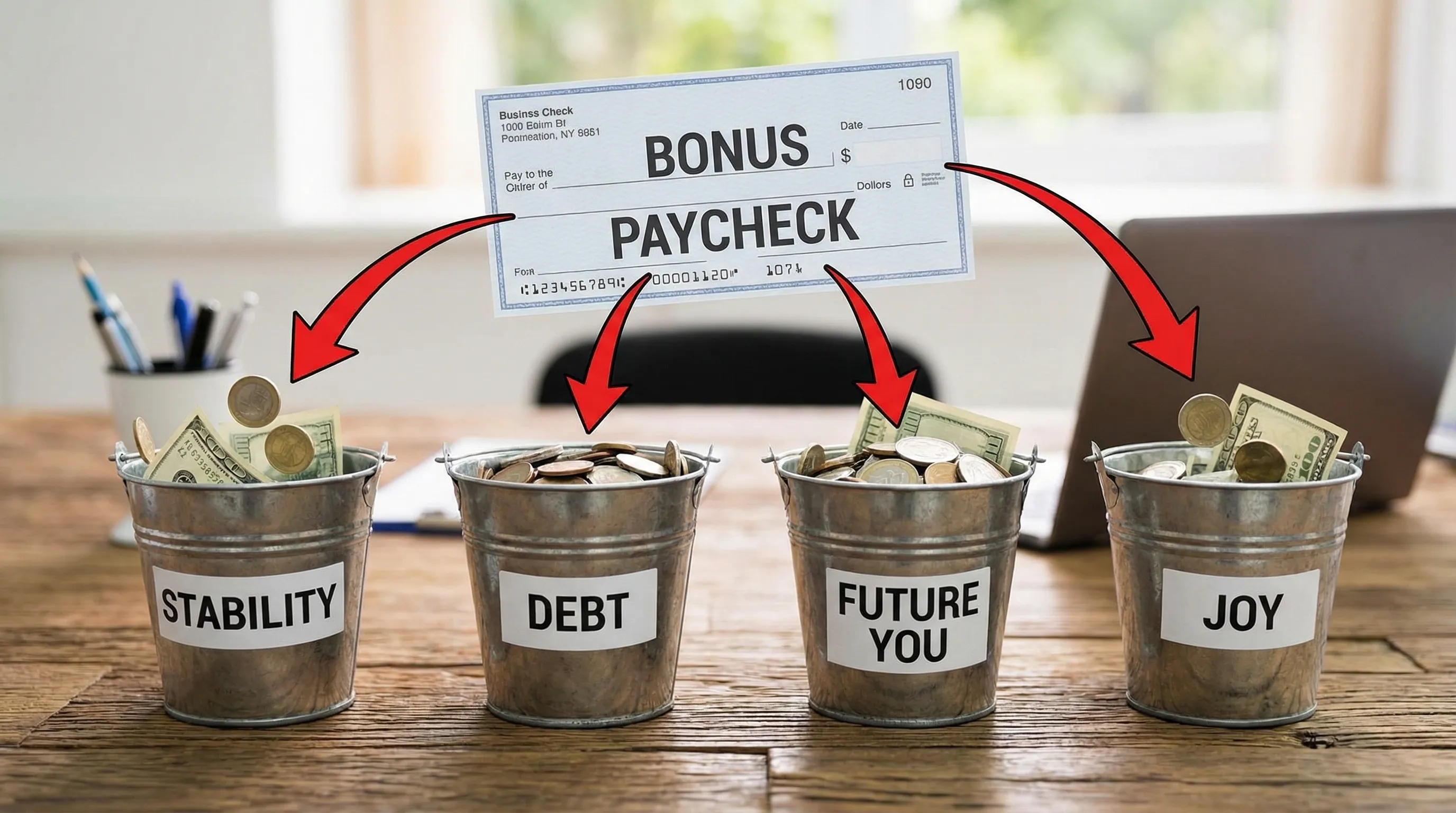 A simple visual showing a bonus paycheck being divided into four labeled buckets: Stability, Debt, Future You, and Joy, with arrows from the bonus into each bucket.