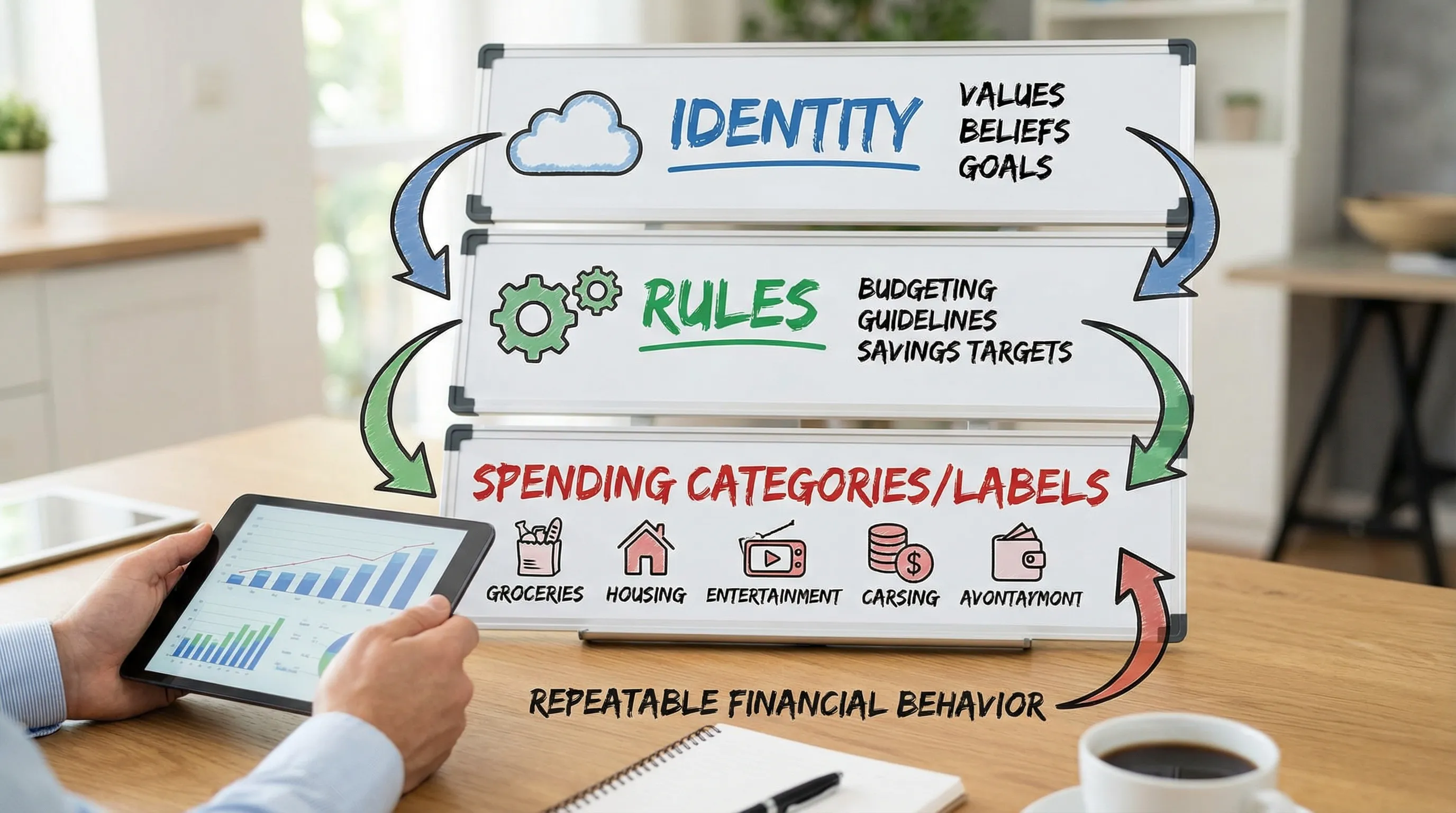 A simple visual showing three layers: Identity at the top, Rules in the middle, and Spending categories/labels at the bottom, with arrows indicating how identity turns into repeatable financial behavior.
