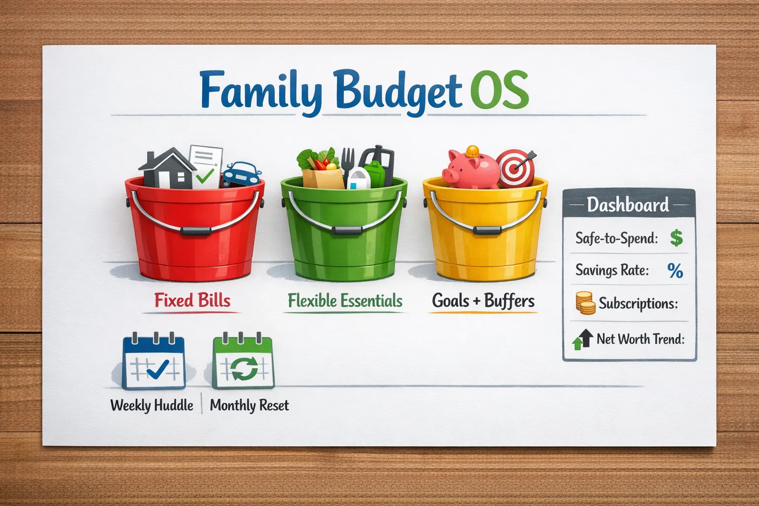 A simple infographic showing a “Family Budget OS” with three labeled buckets (Fixed Bills, Flexible Essentials, Goals + Buffers) and two small calendar icons labeled Weekly Huddle and Monthly Reset, with a small scoreboard panel listing Safe-to-spend, Savings rate, Subscriptions, and Net worth trend.