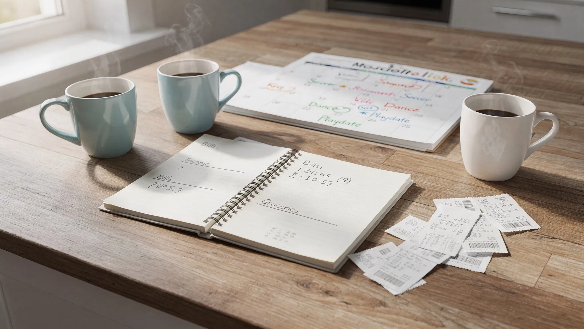 A realistic kitchen table scene with a notebook open to a simple budget, a few receipts, a calendar with kid activities marked, and two coffee mugs, suggesting a quick weekly family money check-in.