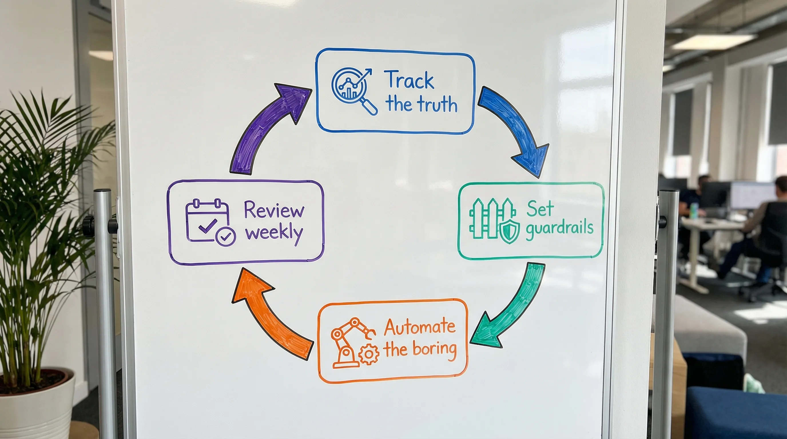 A simple four-step loop diagram labeled Track the truth, Set guardrails, Automate the boring, Review weekly, arranged in a circular flow with clean icons for each step.