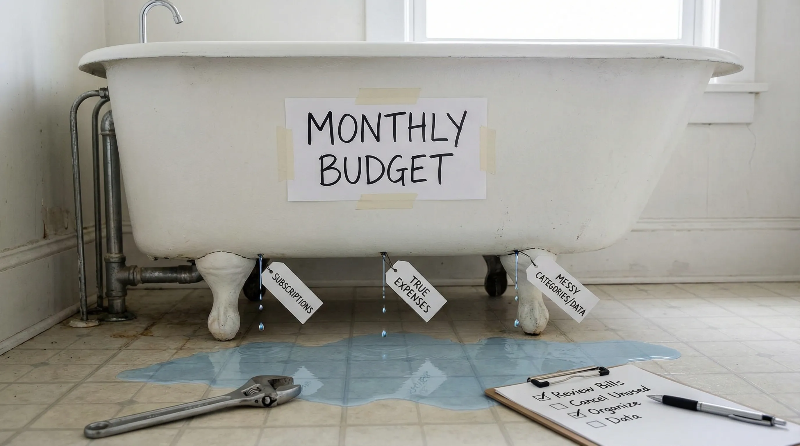A bathtub labeled “Monthly Budget” with three visible leaks dripping into a puddle: one leak labeled “Subscriptions,” one labeled “True Expenses,” and one labeled “Messy Categories/Data.” A wrench and a simple checklist sit on the floor beside the tub.
