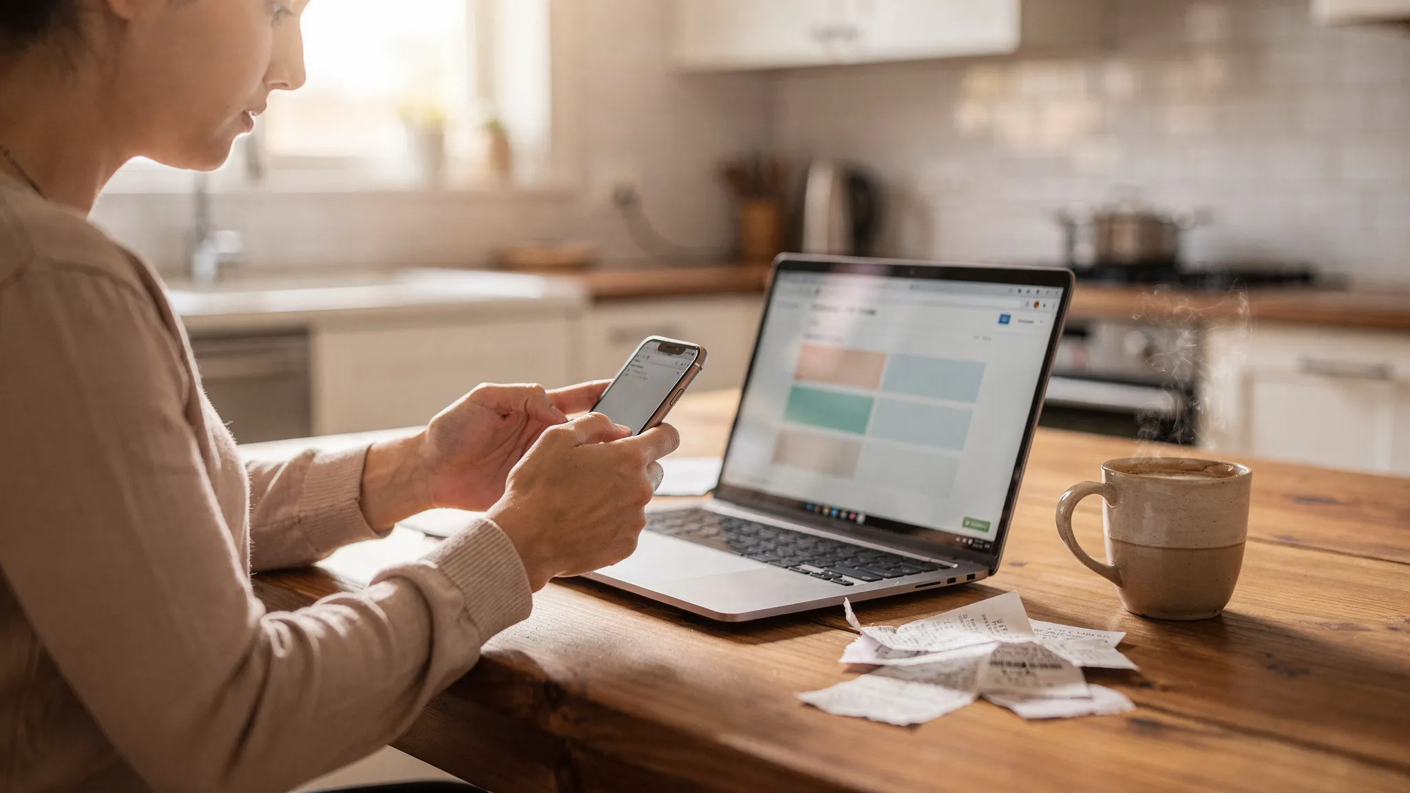A person at a kitchen table reviewing spending on a phone while a laptop shows a simple budget summary, with a few receipts and a coffee nearby. The screen content is angled naturally and not readable, focusing on the real-life budgeting moment.