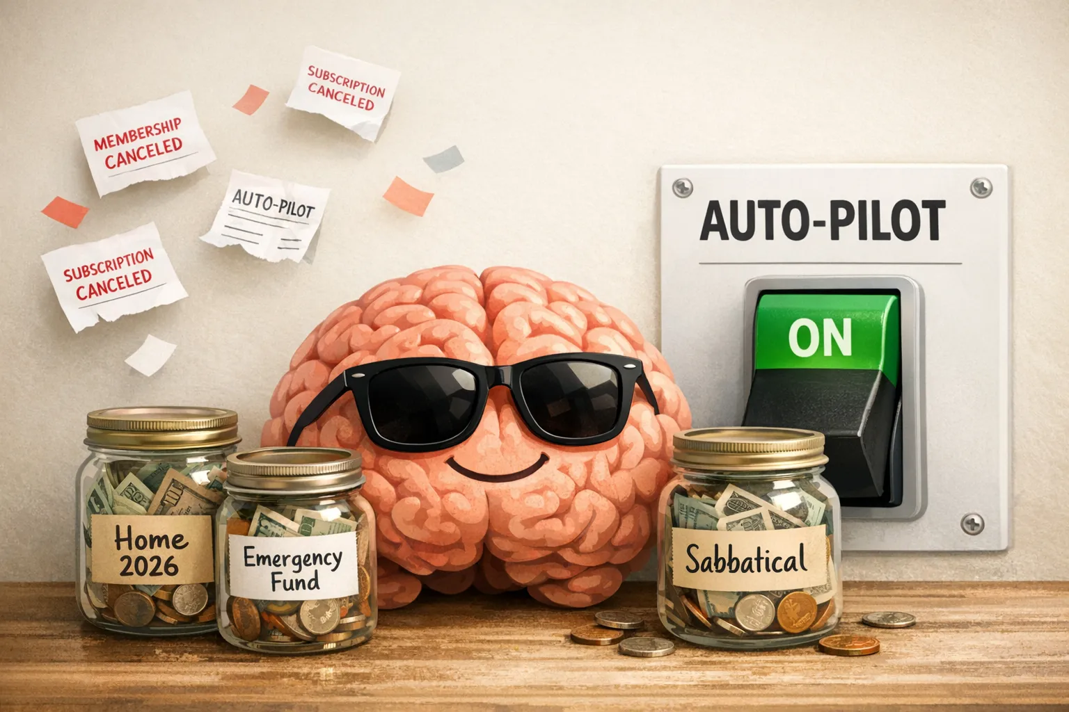 A playful, minimal illustration of a human brain wearing sunglasses, surrounded by labeled glass jars like “Home 2026,” “Emergency Fund,” and “Sabbatical,” with a big autopilot switch turned on. A few canceled subscription receipts float away like confetti.