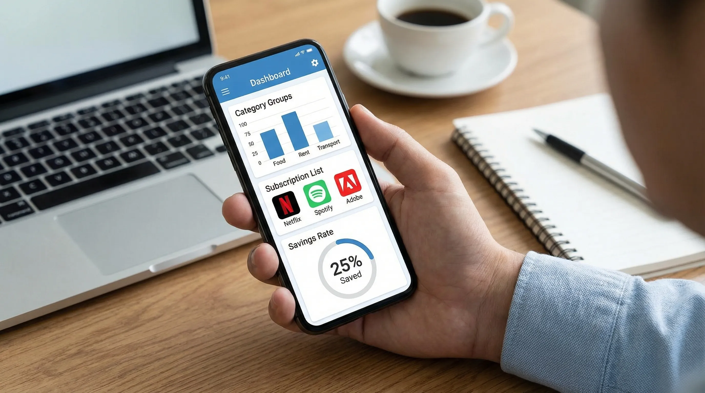 A clean personal finance dashboard showing category groups, a subscription list, and a savings rate gauge, presented as a simple app interface layout.