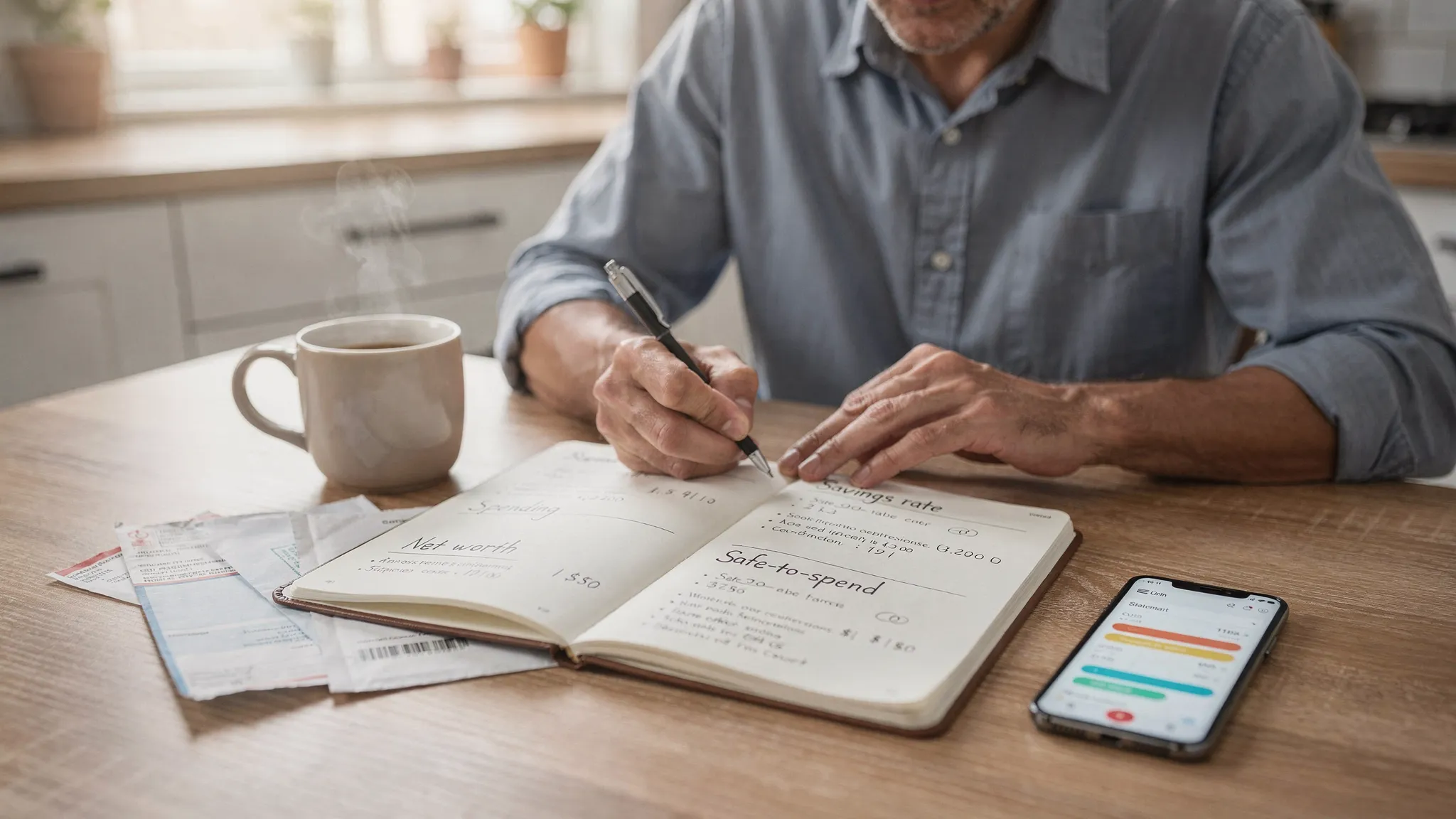 A person at a kitchen table with a notebook and a phone, highlighting a simple monthly money scoreboard: savings rate, spending, net worth, subscriptions, and a “safe-to-spend” buffer. A coffee mug and a couple of unopened mail envelopes sit nearby, suggesting real-life finances.