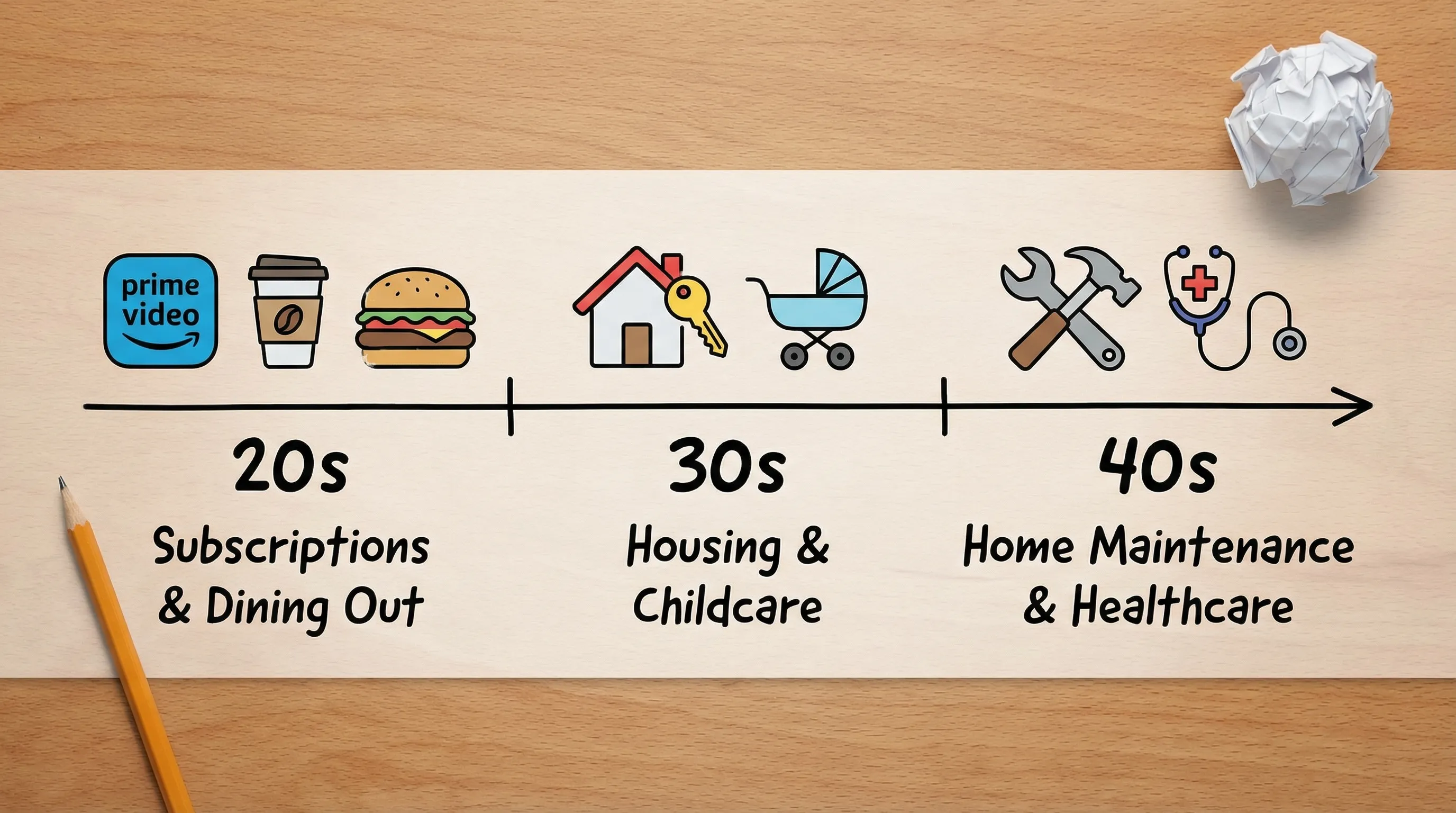 An illustrated timeline showing three life stages (20s, 30s, 40s) with icons representing common costs: subscriptions and dining out in the 20s, housing and childcare in the 30s, home maintenance and healthcare in the 40s.