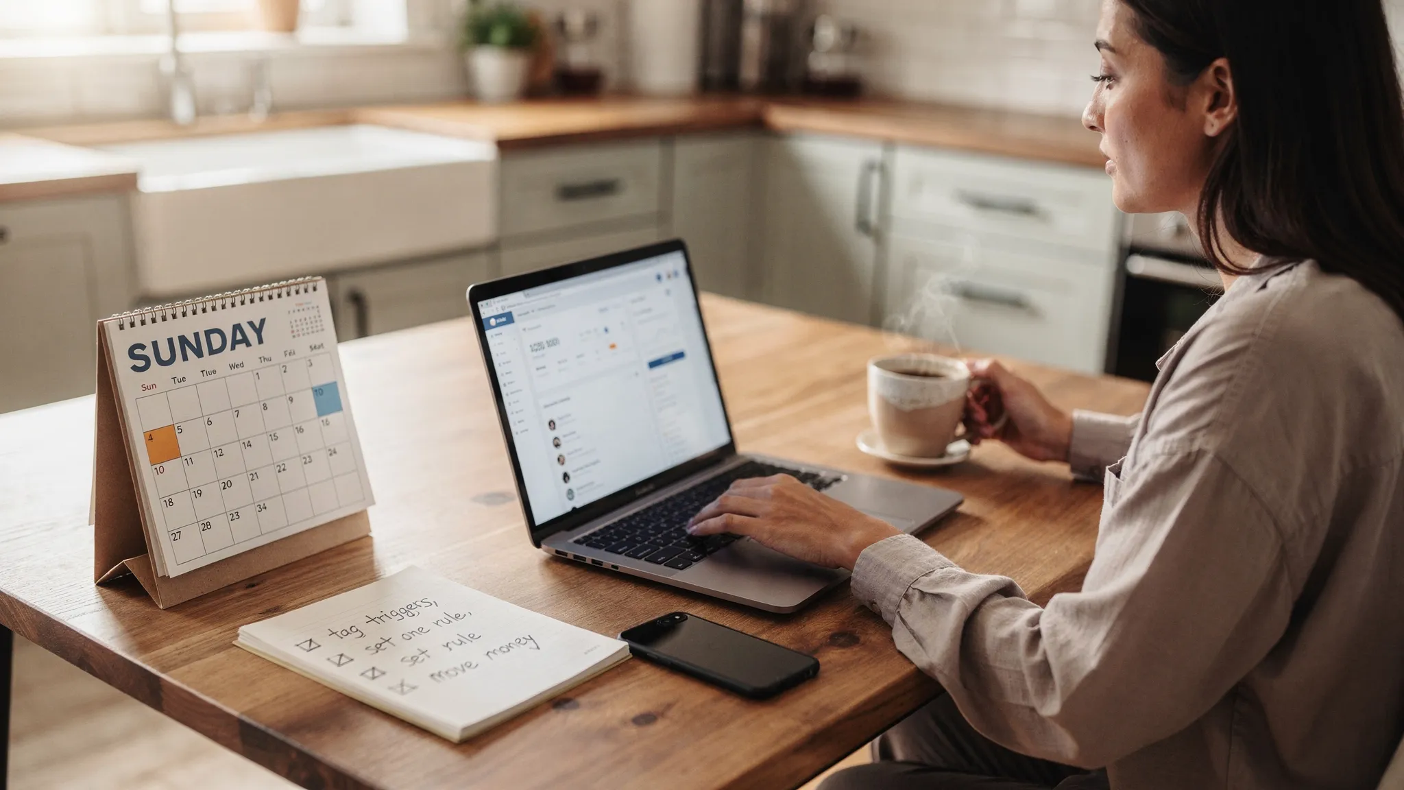 A person at a kitchen table on a Sunday morning doing a 15‑minute money check‑in with a laptop and phone, a calendar showing Sunday highlighted, a short list that reads “tag triggers, set one rule, move money,” and a coffee mug nearby.