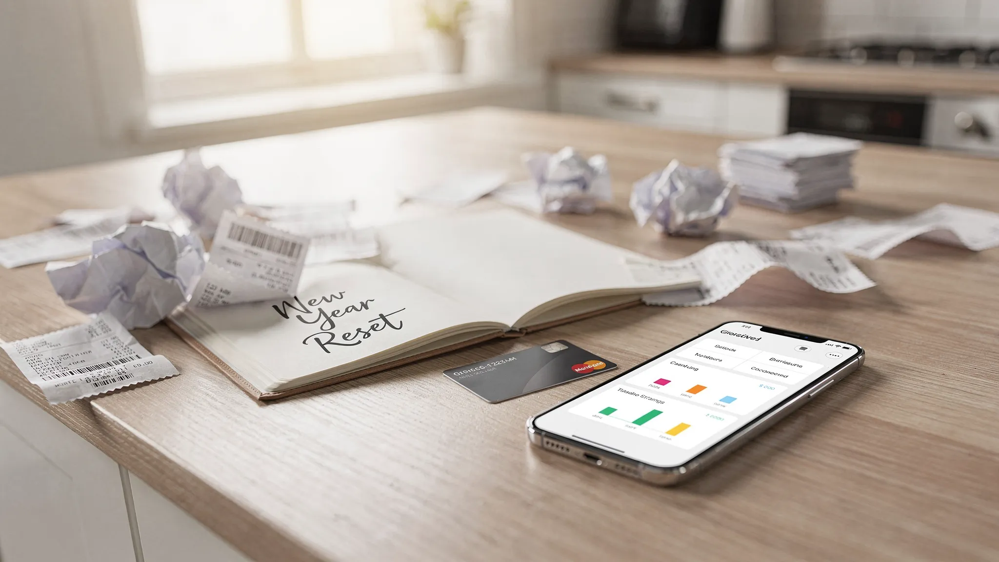 A kitchen table covered with receipts, a credit card, a notebook with “New Year Reset” written on it, and a phone showing a clean spending summary. The scene feels modern and slightly chaotic, like someone is finally getting their finances together.