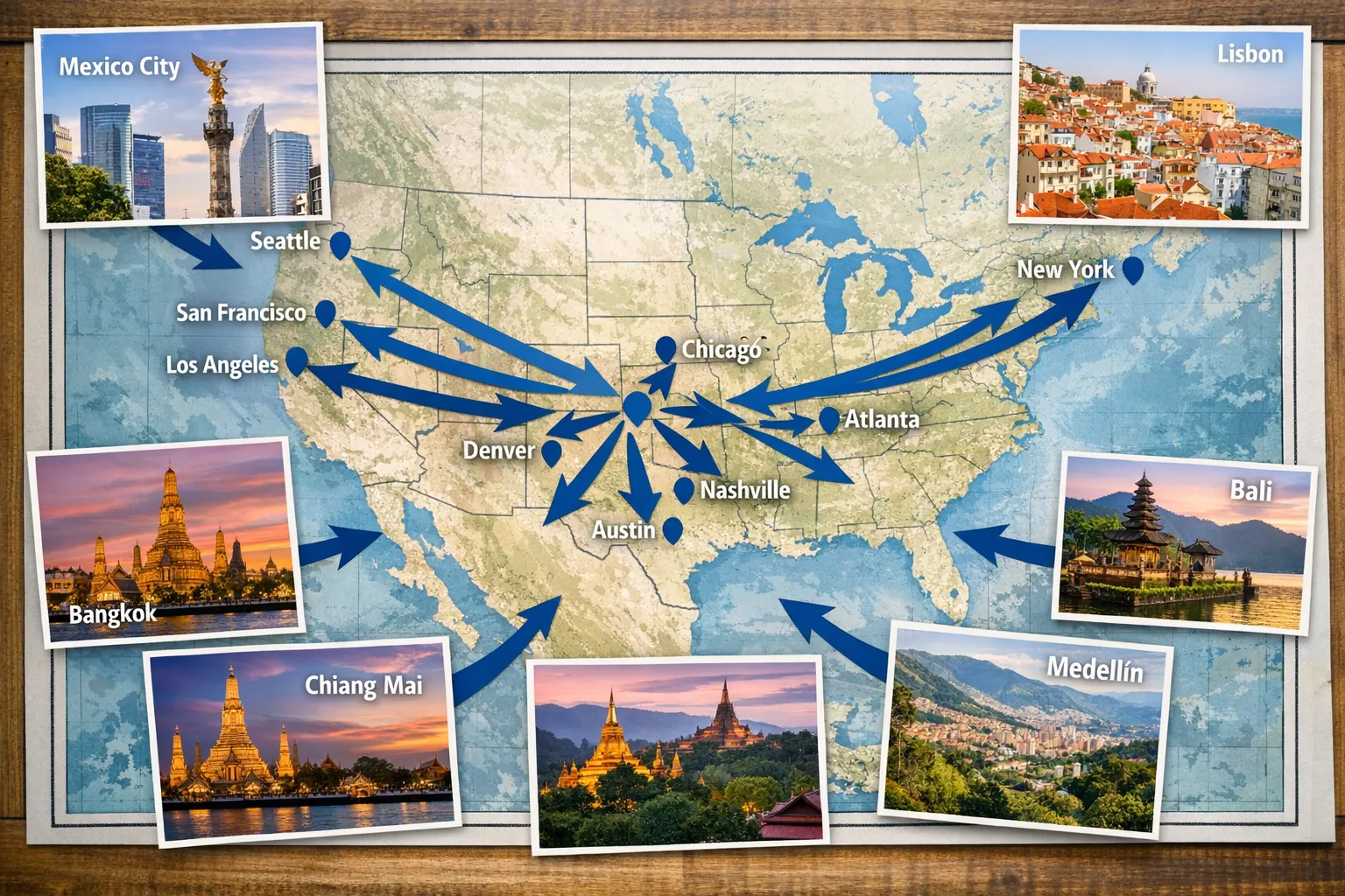 Map collage showing arrows from high-cost U.S. coastal cities to midwestern and southern cities, plus arrows to international hubs known for lower cost of living, emphasizing geographic arbitrage opportunities.