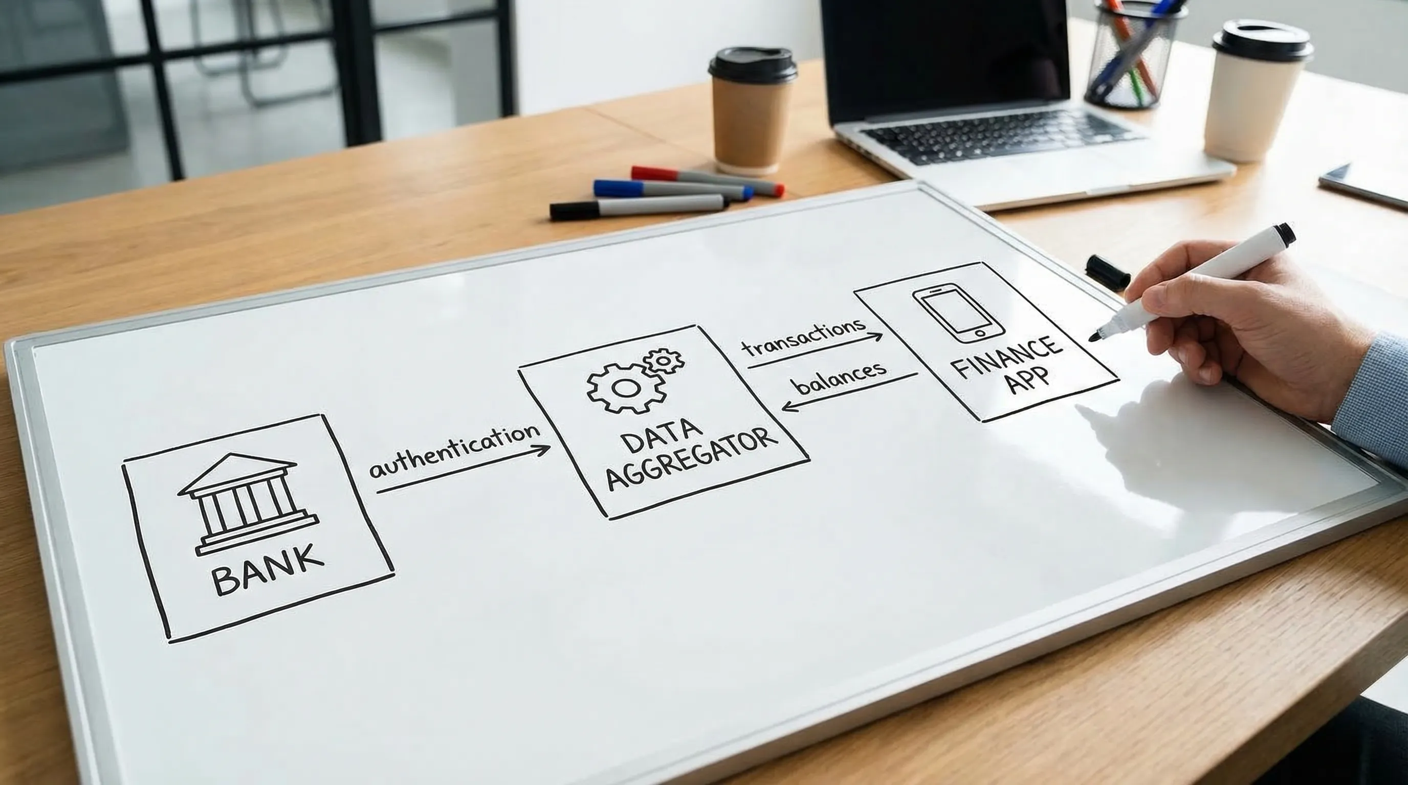 A simple diagram showing how bank syncing works: Bank on the left, Data Aggregator in the middle, Finance App on the right, with arrows labeled “authentication,” “transactions,” and “balances.”