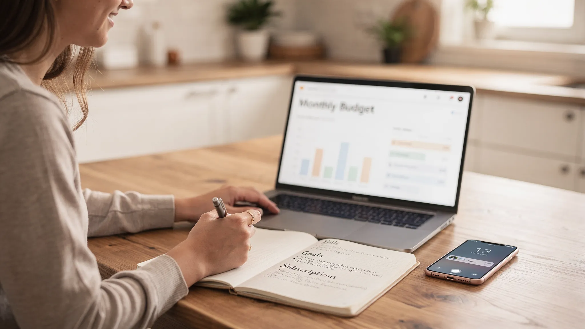 A person at a kitchen table reviewing finances with a laptop and a phone (screens facing the viewer but blank), with a notebook that has simple labels like “Bills,” “Goals,” and “Subscriptions,” suggesting a calm monthly money review.