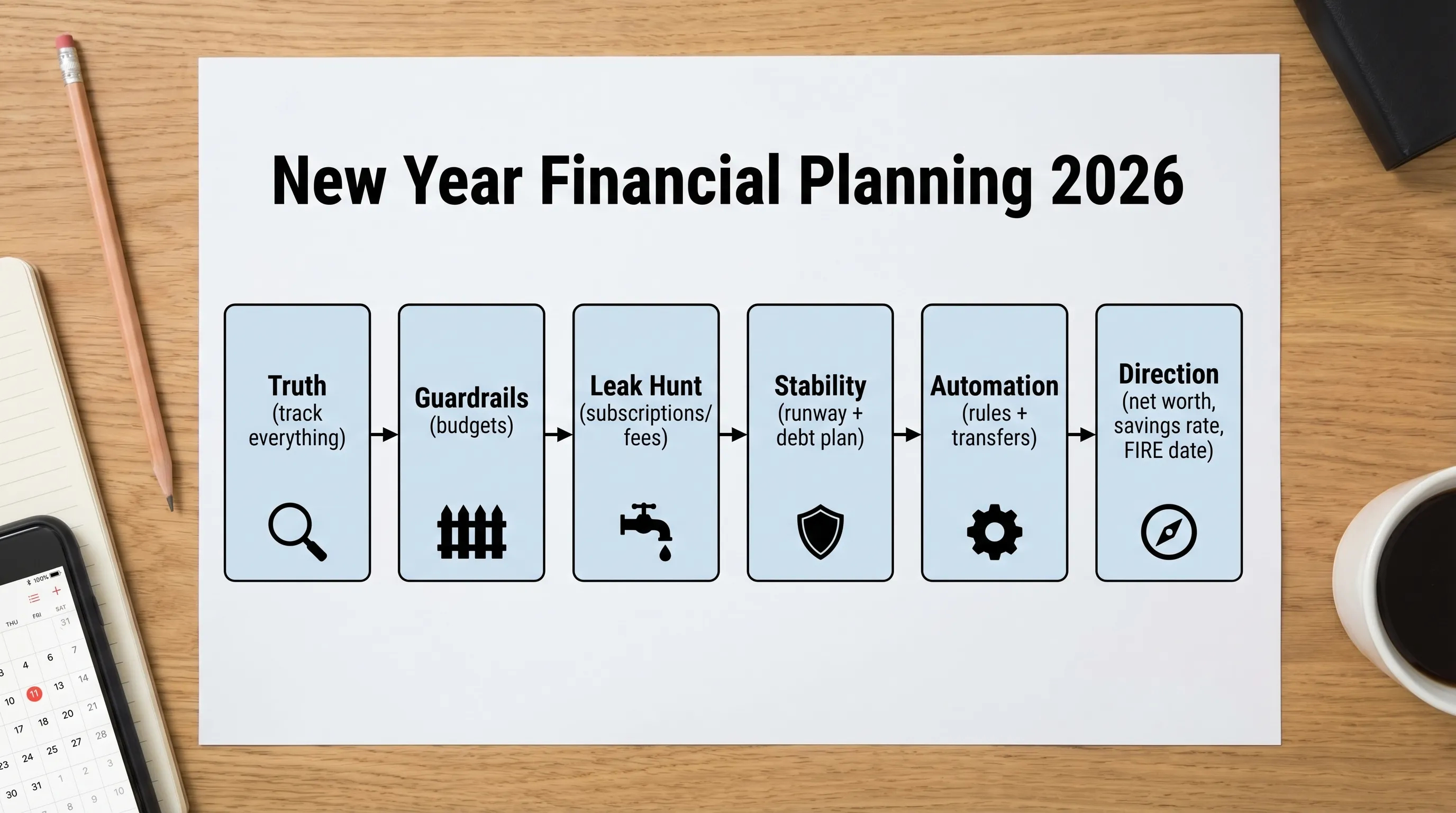 A simple visual roadmap titled “New Year Financial Planning 2026” showing six blocks in a row: 1) Truth (track everything), 2) Guardrails (budgets), 3) Leak Hunt (subscriptions/fees), 4) Stability (runway + debt plan), 5) Automation (rules + transfers), 6) Direction (net worth, savings rate, FIRE date). Minimal icons for each block: magnifying glass, fence, dripping tap, shield, gear, compass.