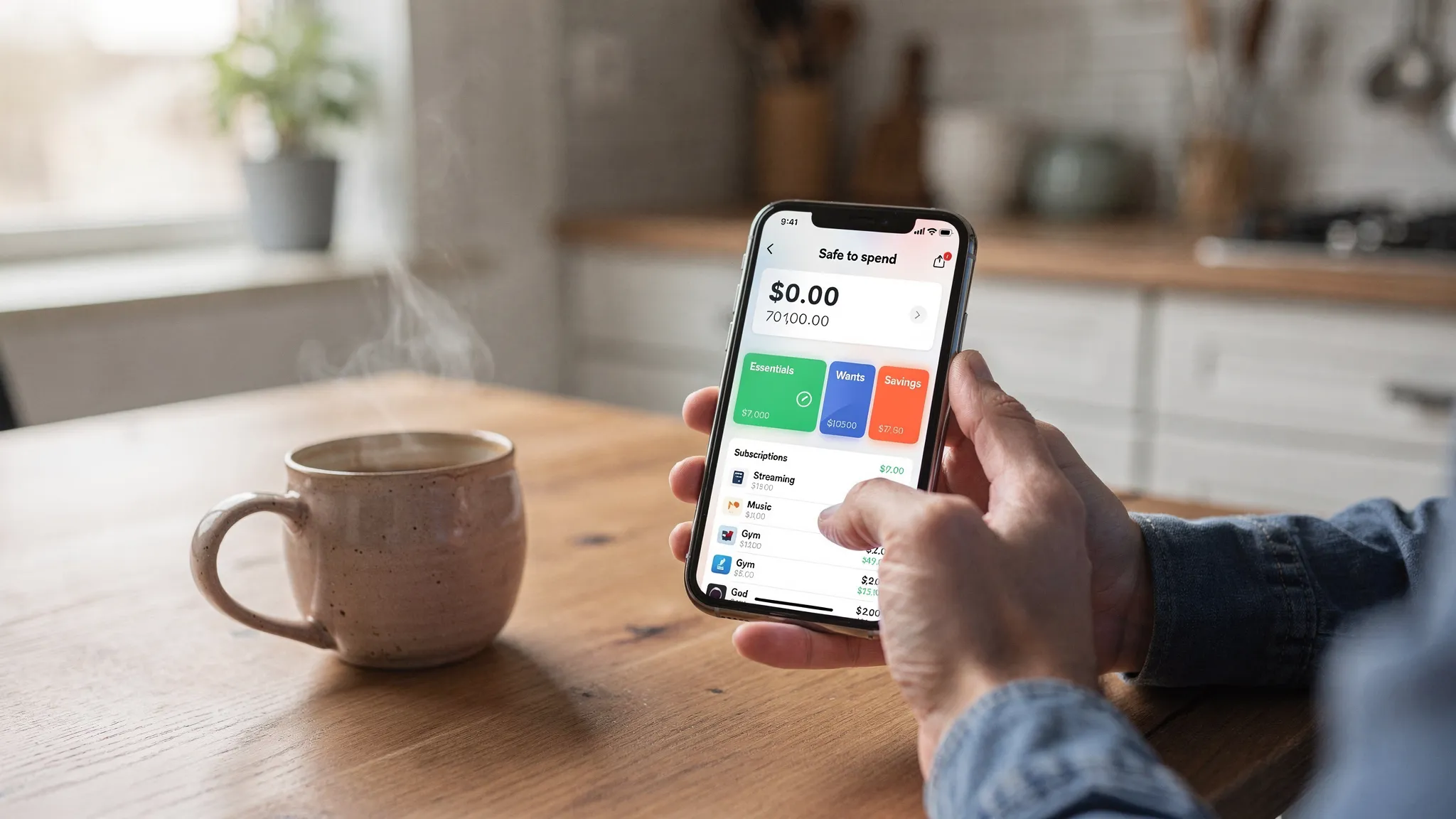 A person at a kitchen table with a coffee, reviewing a simple budgeting app on their phone with three clear budget buckets, a safe-to-spend number, and a short list of subscriptions.