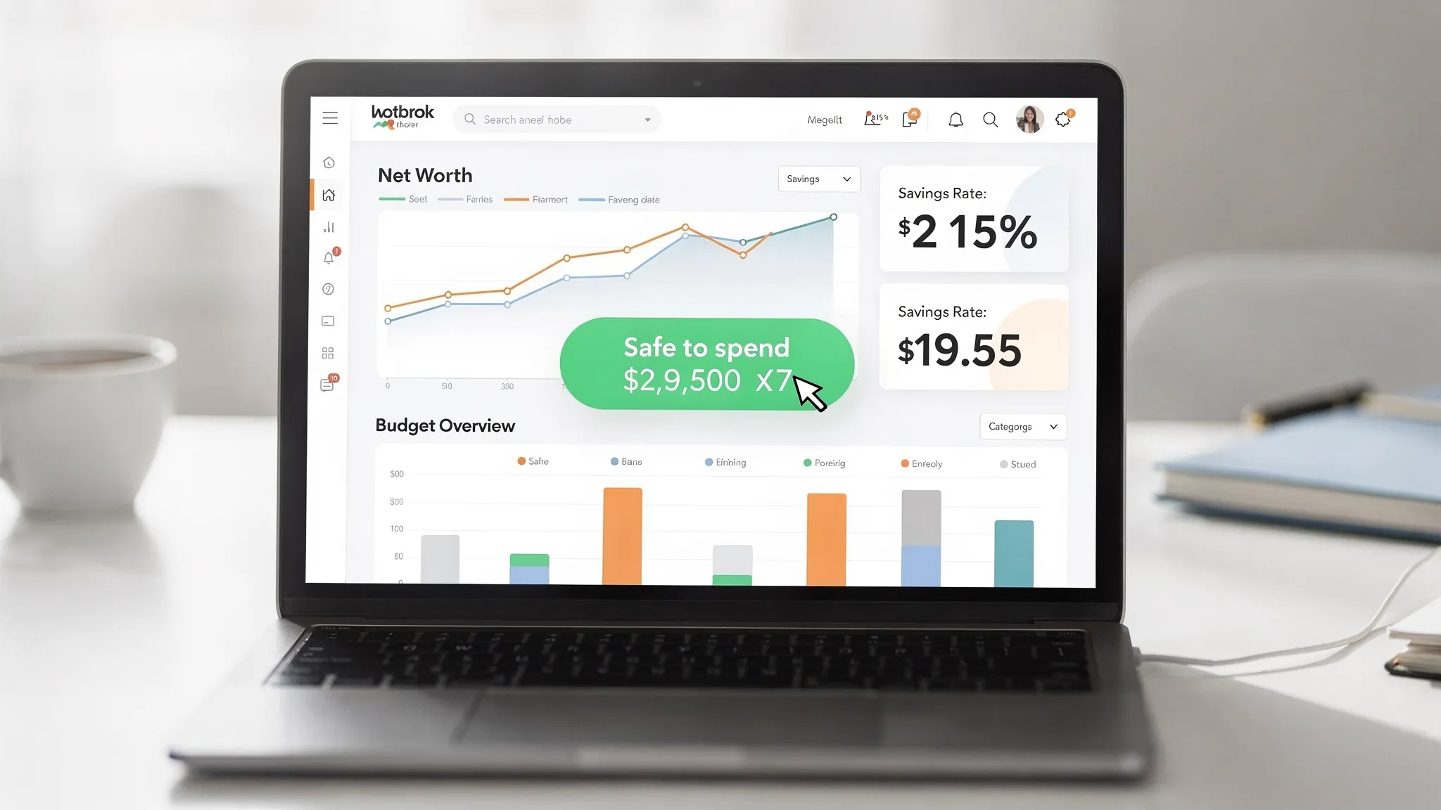 A clean financial dashboard concept showing net worth trend, savings rate, and a simple budget overview with a highlighted safe-to-spend amount.