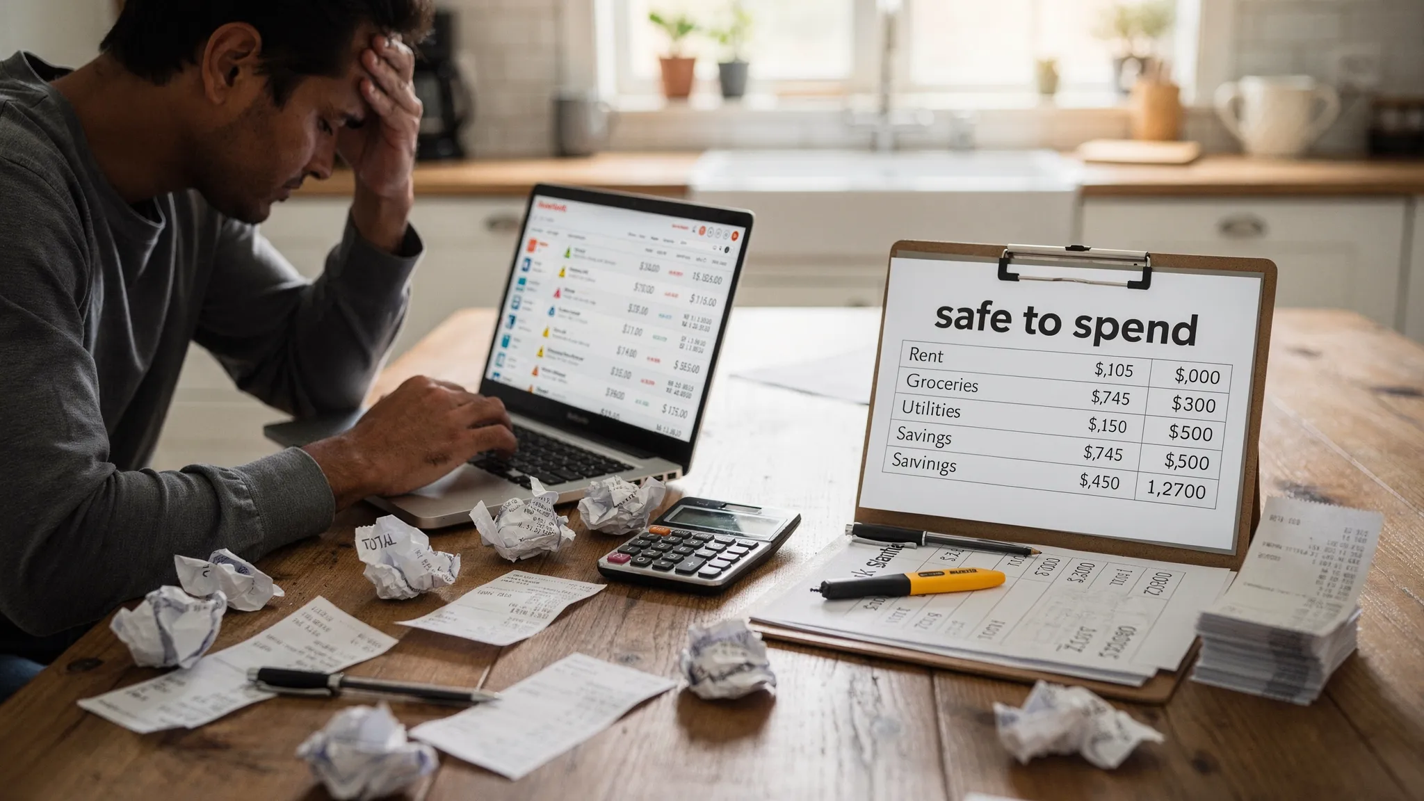 A stressed person at a kitchen table reviewing bank transactions on a laptop with receipts scattered around, contrasted with a calm, simplified budgeting view showing clear category totals and a “safe to spend” number on paper nearby.