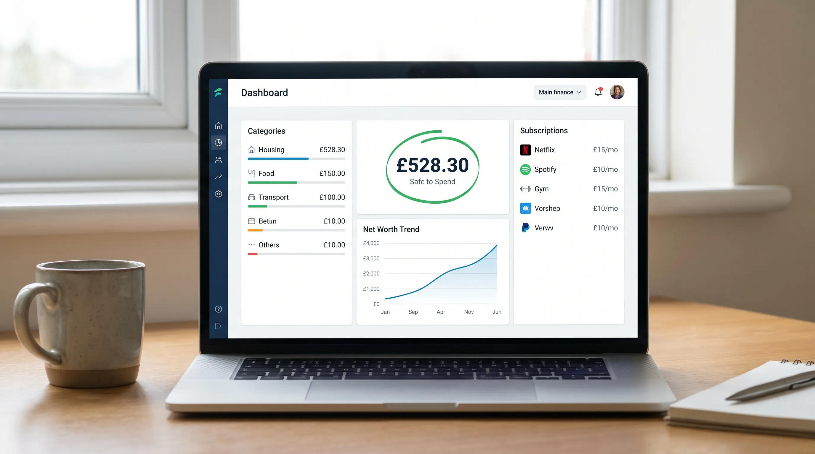 A clean personal finance dashboard concept showing categories, a subscription list, net worth trend line, and a prominent “safe to spend” number, presented in a simple, uncluttered interface.