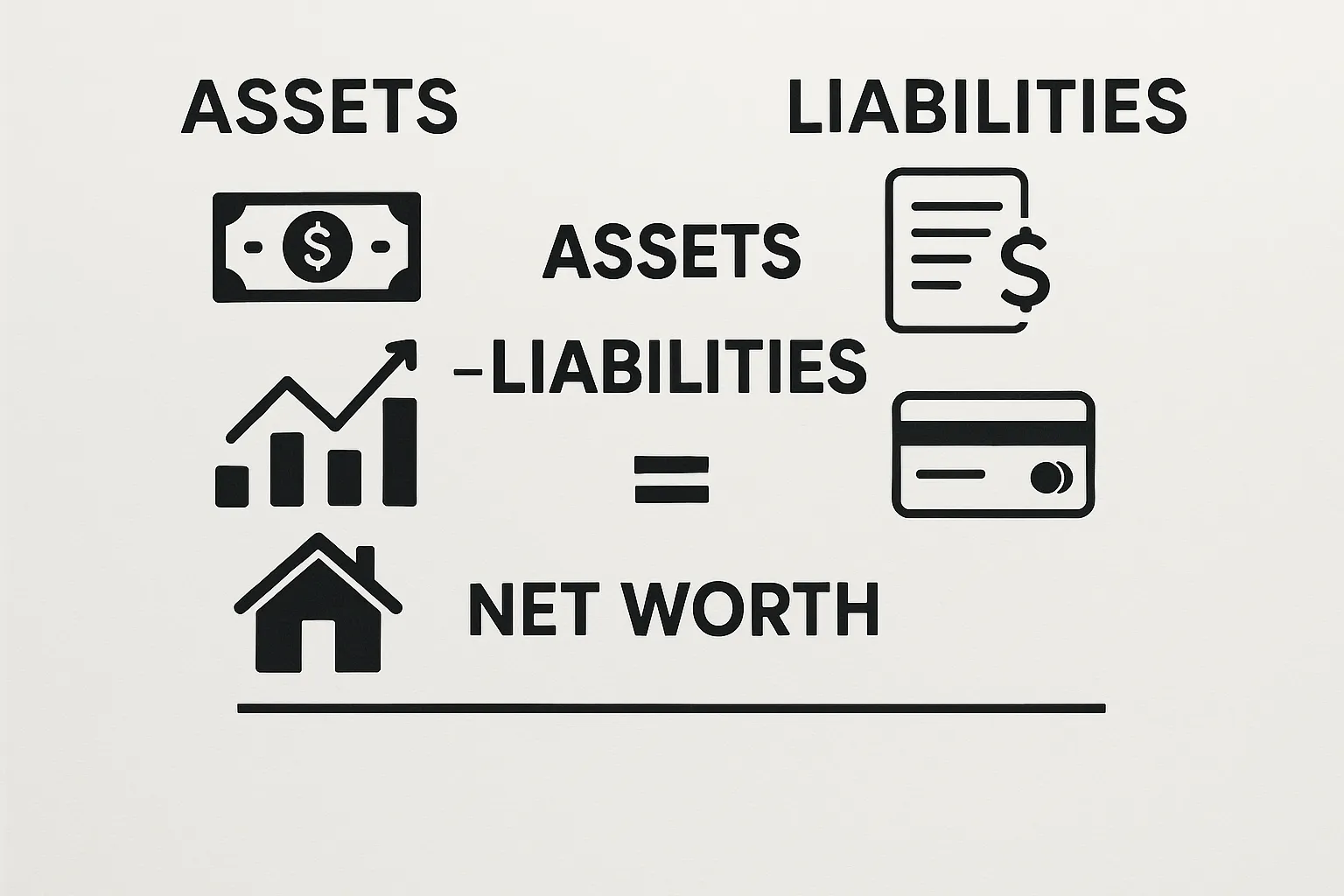 Simple three-part diagram showing Assets on the left, Liabilities on the right, and Net Worth at the bottom with a bold equation in the center that reads “Assets minus Liabilities equals Net Worth,” using clean icons for cash, investments, real estate, loans, and credit cards.